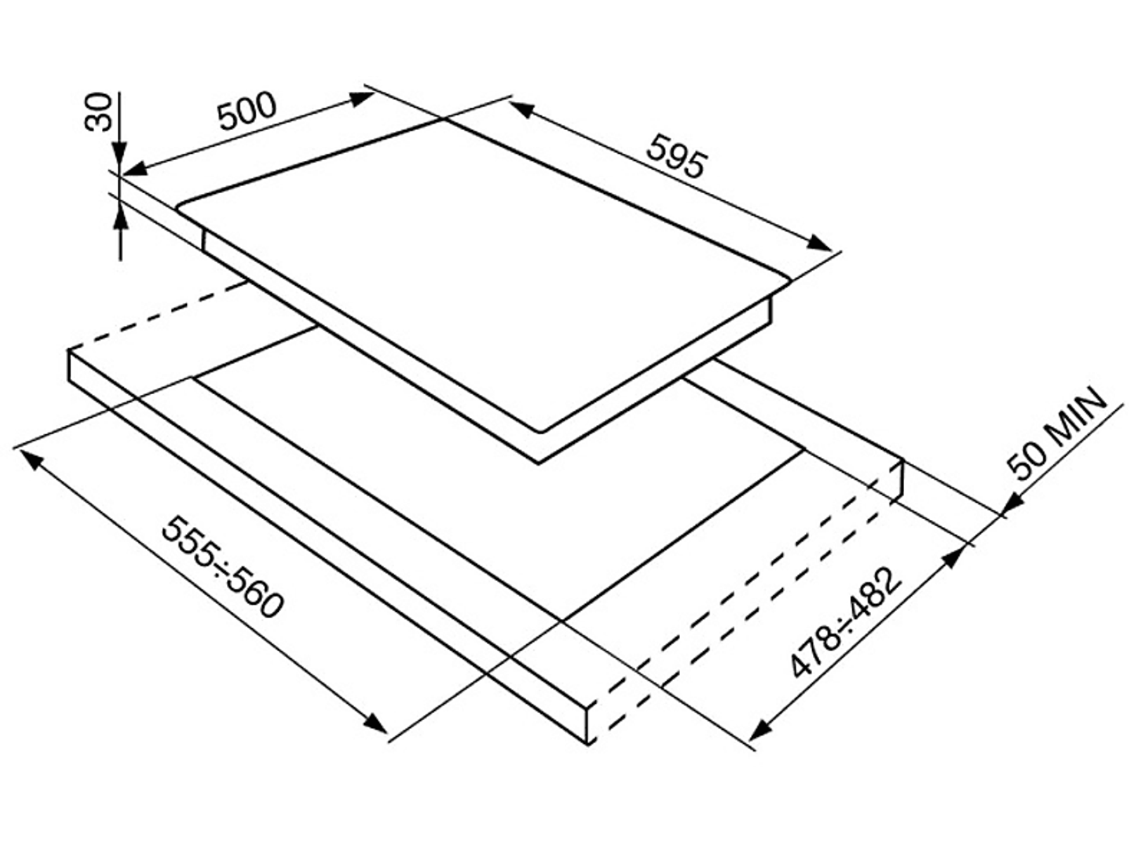 Un dibujo técnico de una encimera con dimensiones.