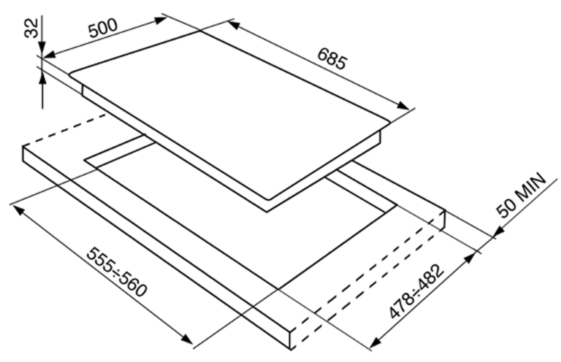 Schemat przedstawiający wymiary płyty grzewczej: 500x685, 555-560, 478-482 i 32 mm. Widok z góry.
