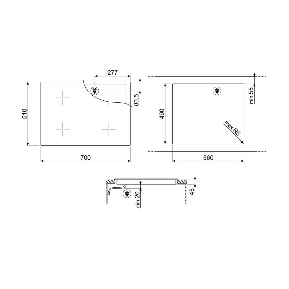 Diagramma con dimensioni di un piano cottura a quattro fuochi.
