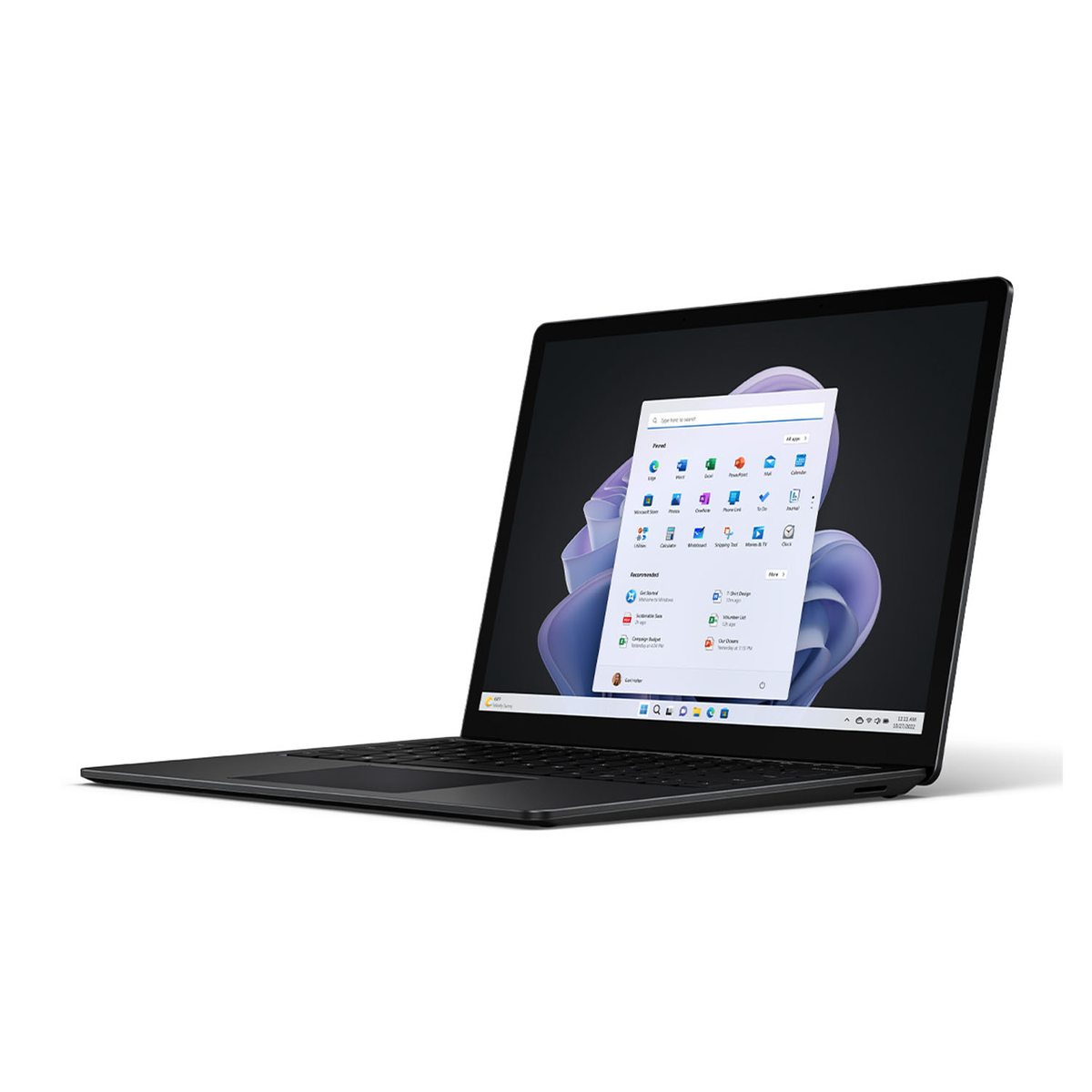 Laptop nero con schermo che mostra un'interfaccia utente, isolato su sfondo bianco.