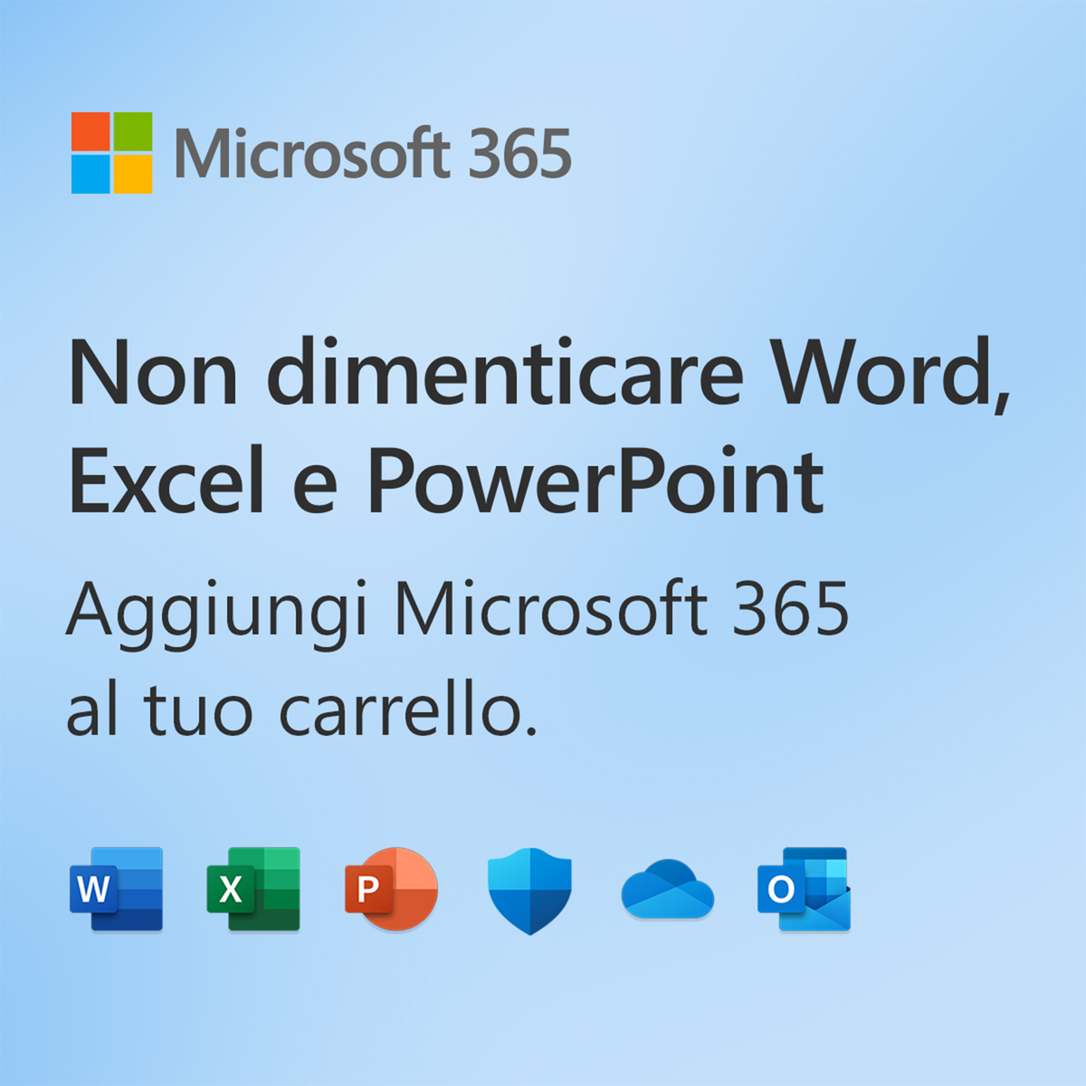 Annuncio Microsoft 365 con loghi e testo in italiano. Sfondo sfumato blu.