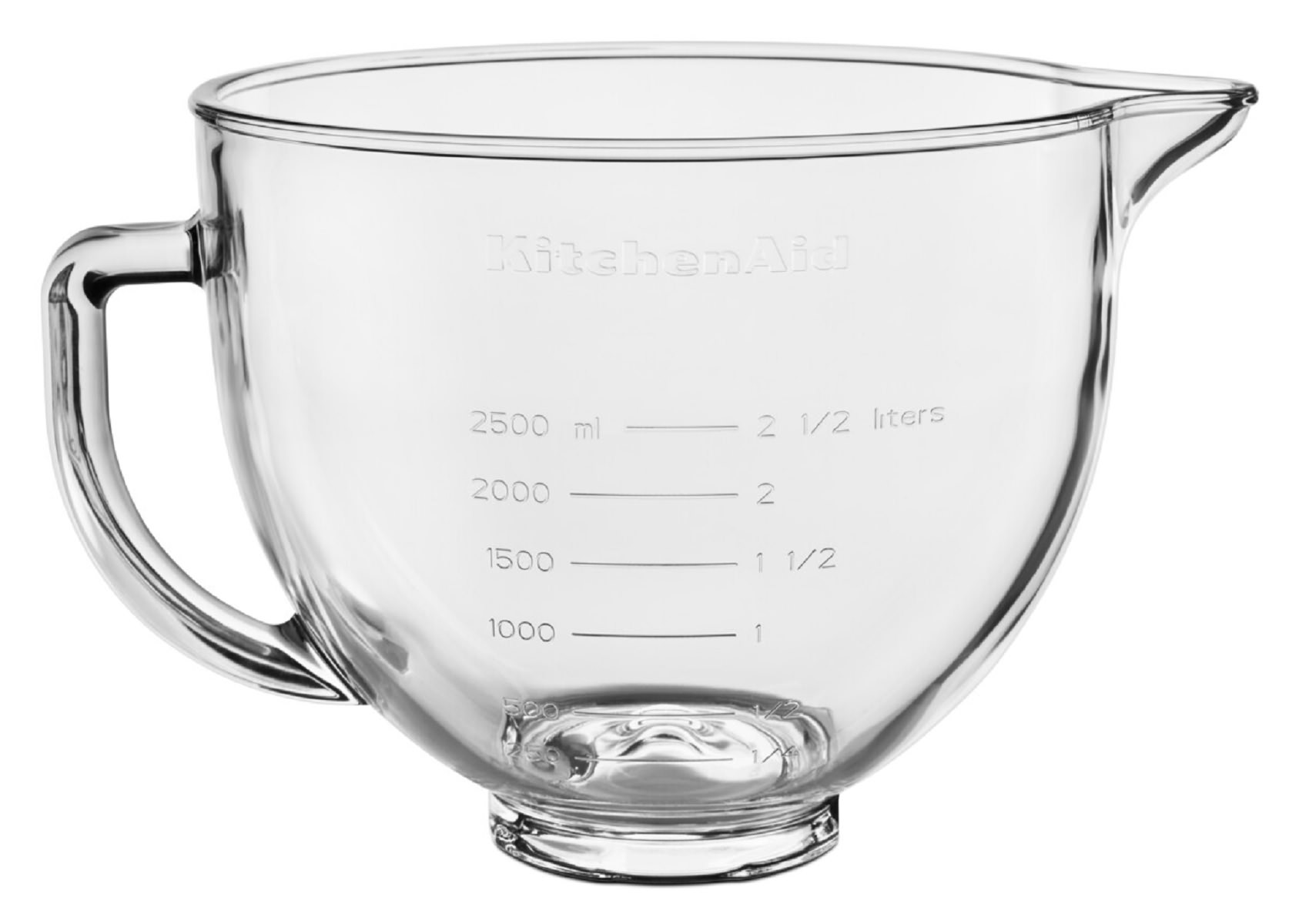 Eine durchsichtige KitchenAid-Rührschüssel mit Messungen in Millilitern und Litern.