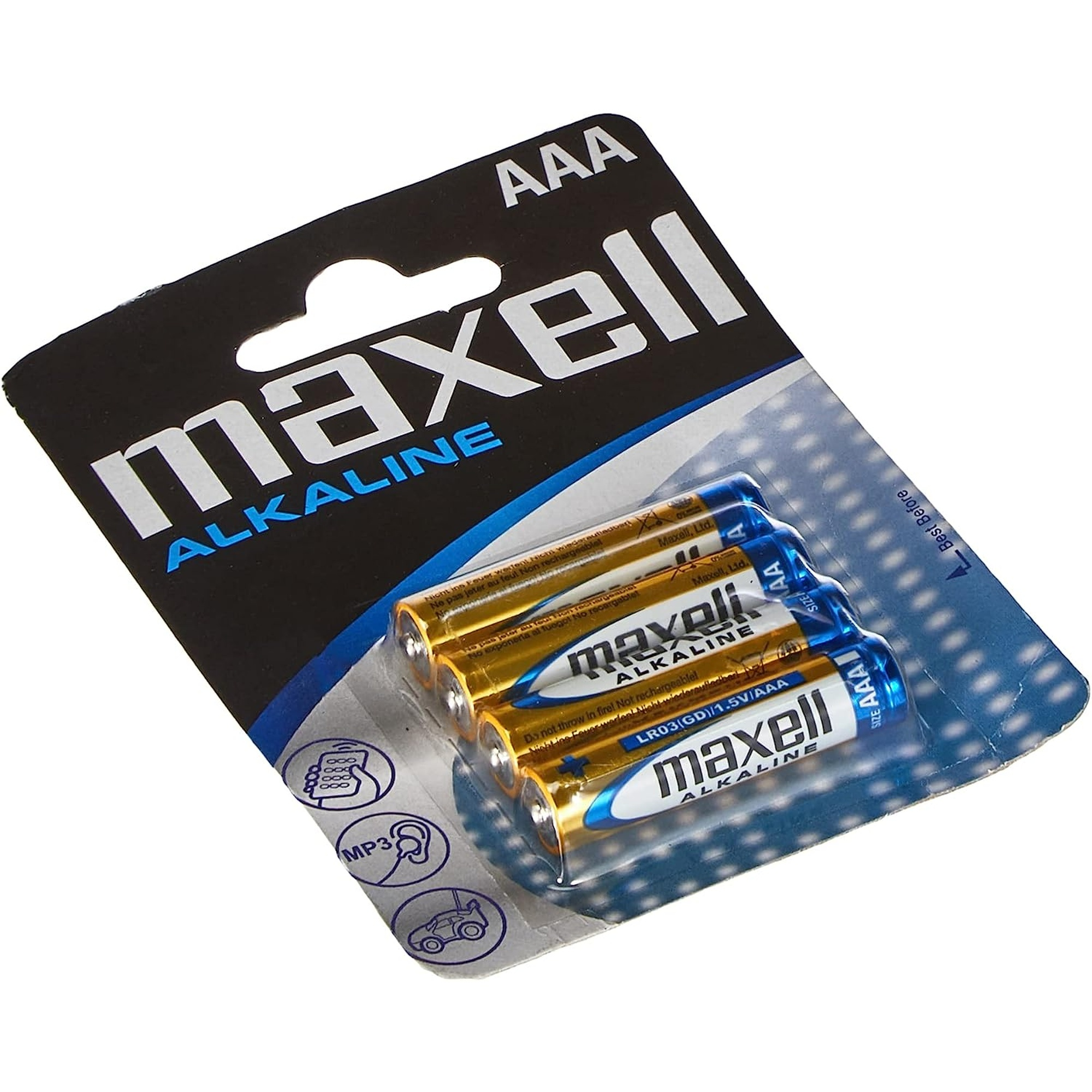 Baterie alkaliczne AAA Maxell w opakowaniu. Baterie są złote i niebieskie.