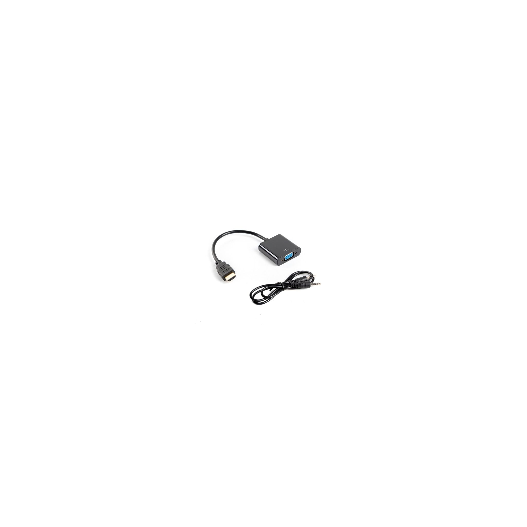 Adattatore da HDMI a VGA con cavo nero e cavo audio da 3,5 mm. Sfondo bianco.
