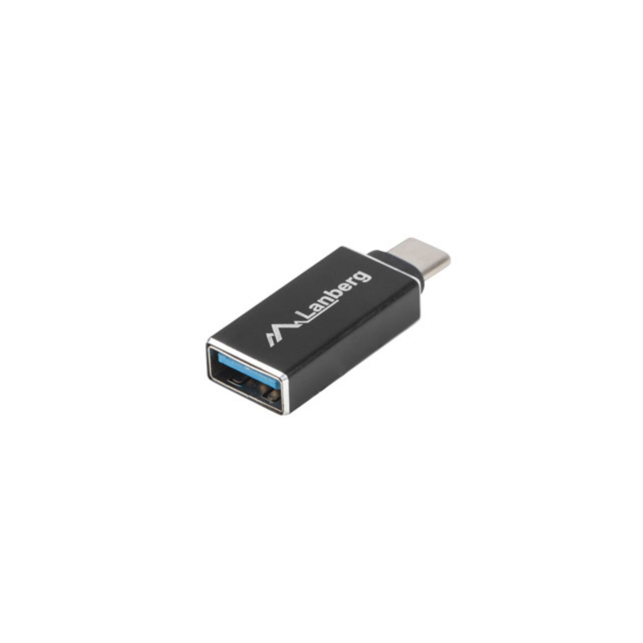 Adaptador USB-C negro con logo 'Lanberg' sobre fondo blanco.