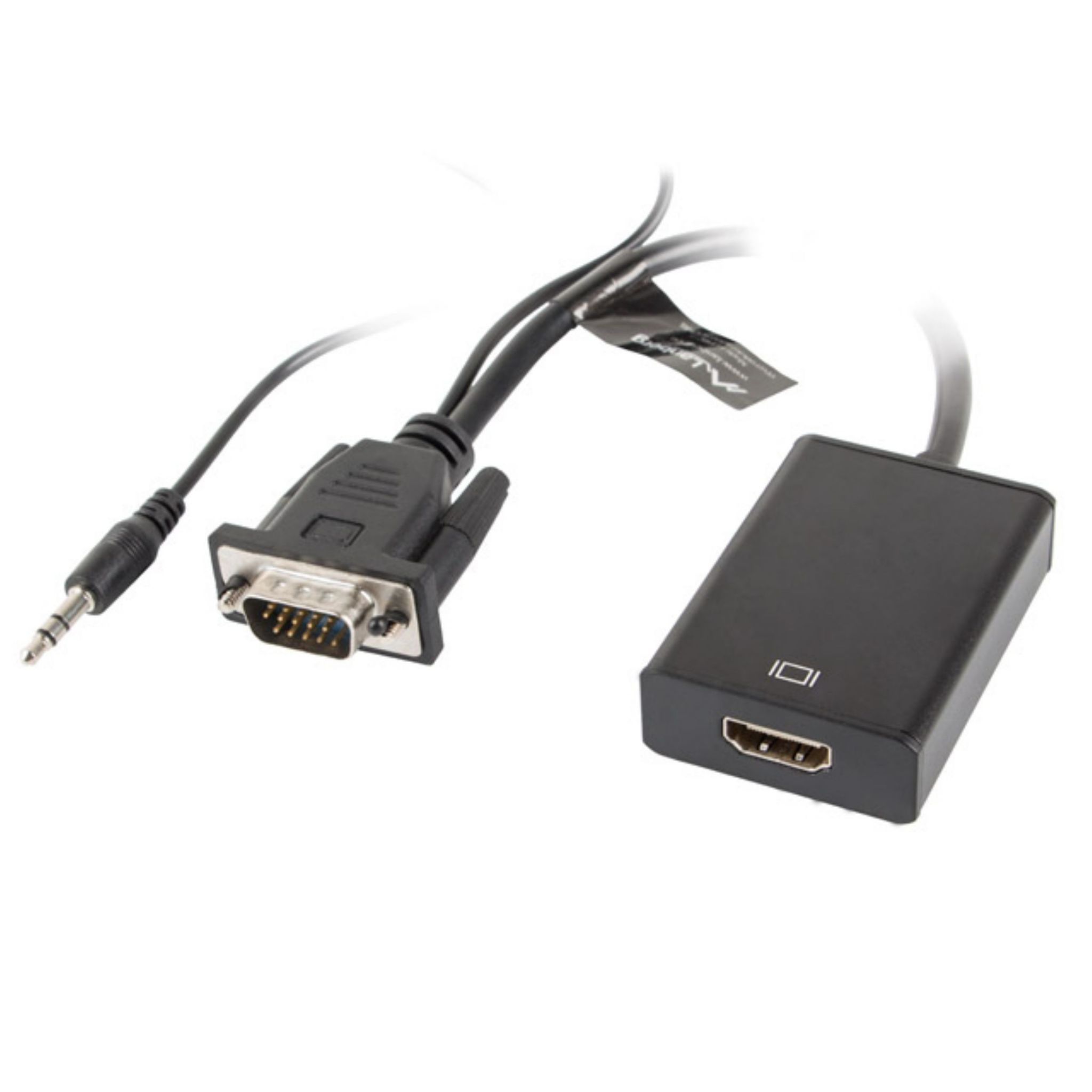 Adattatore HDMI a VGA nero con jack audio da 3,5 mm. I connettori sono visibili.