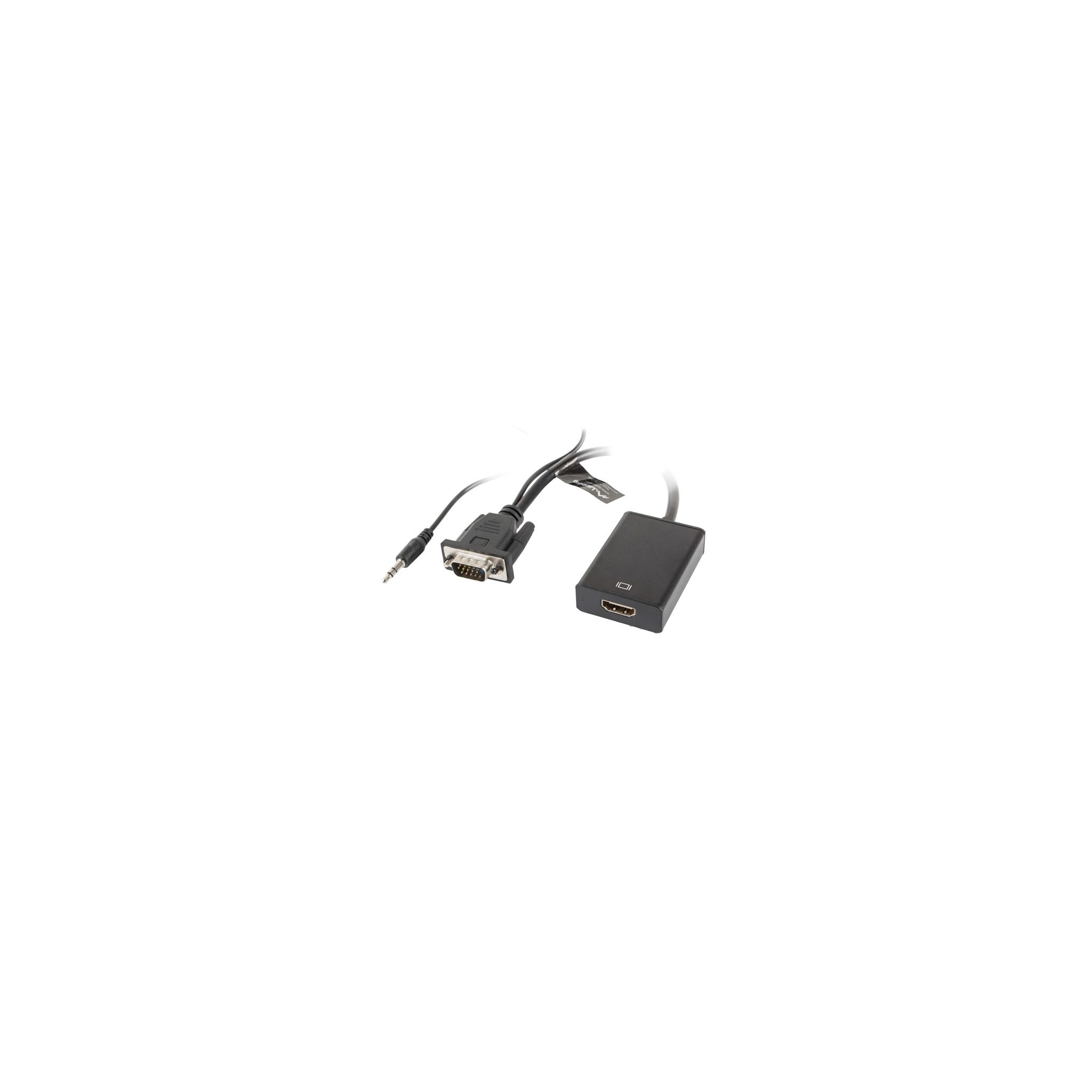 Adattatore HDMI a VGA nero con jack audio e due cavi collegati.