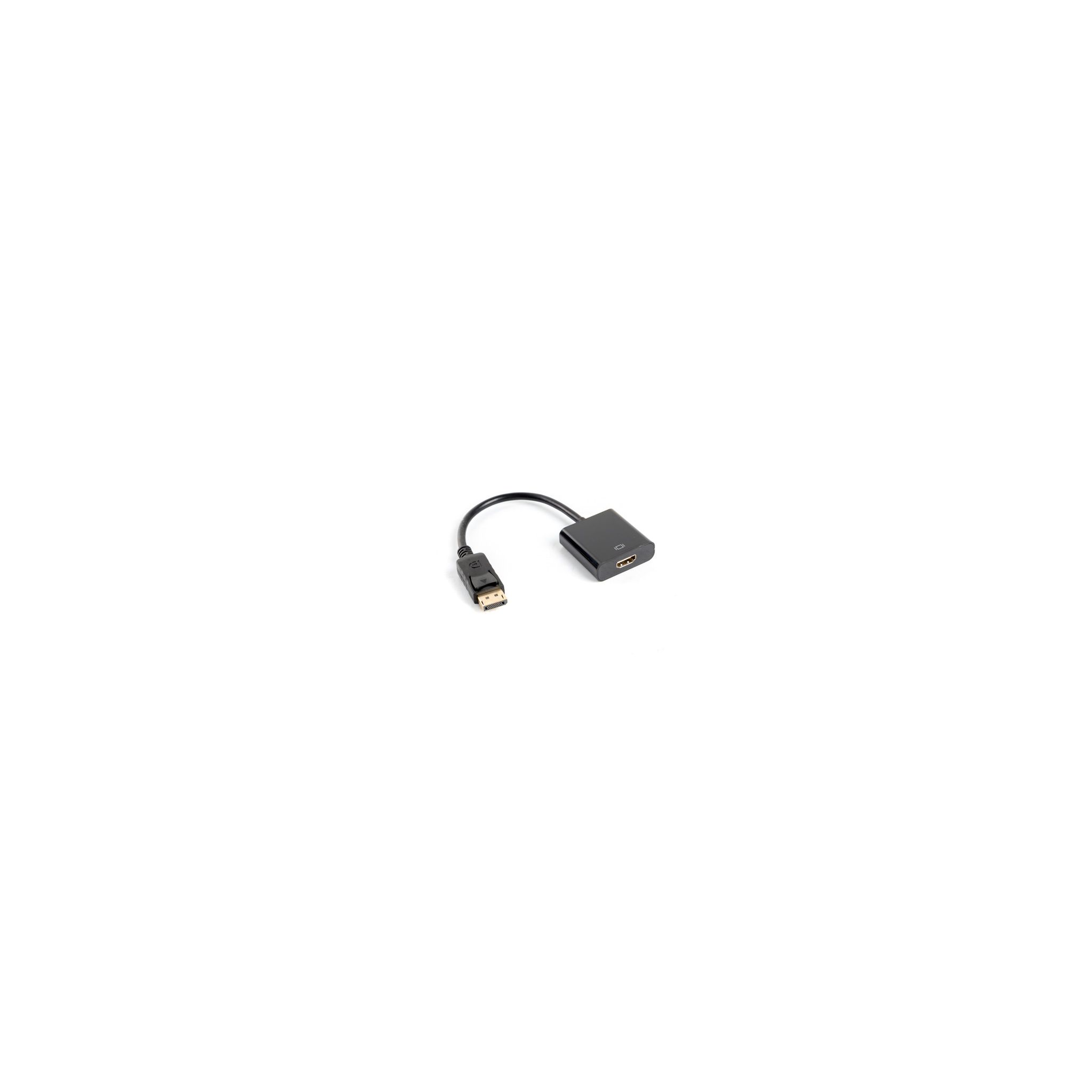 Adaptador HDMI a USB negro sobre una superficie blanca. El adaptador tiene un conector USB y HDMI.