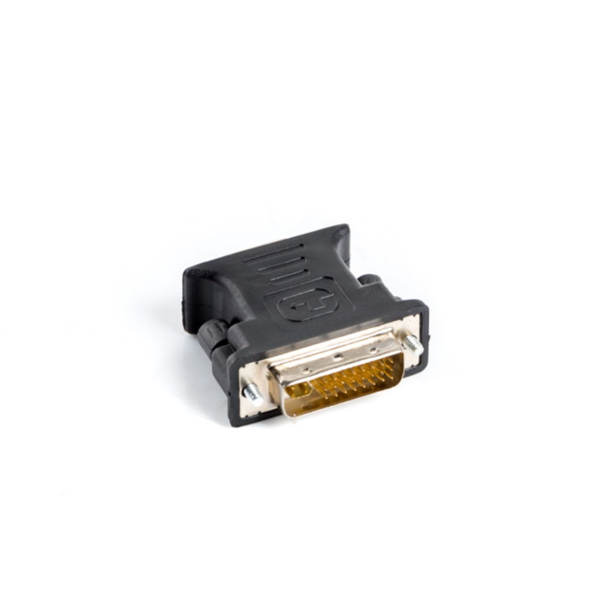 Adaptador DVI a VGA negro y dorado sobre fondo blanco.