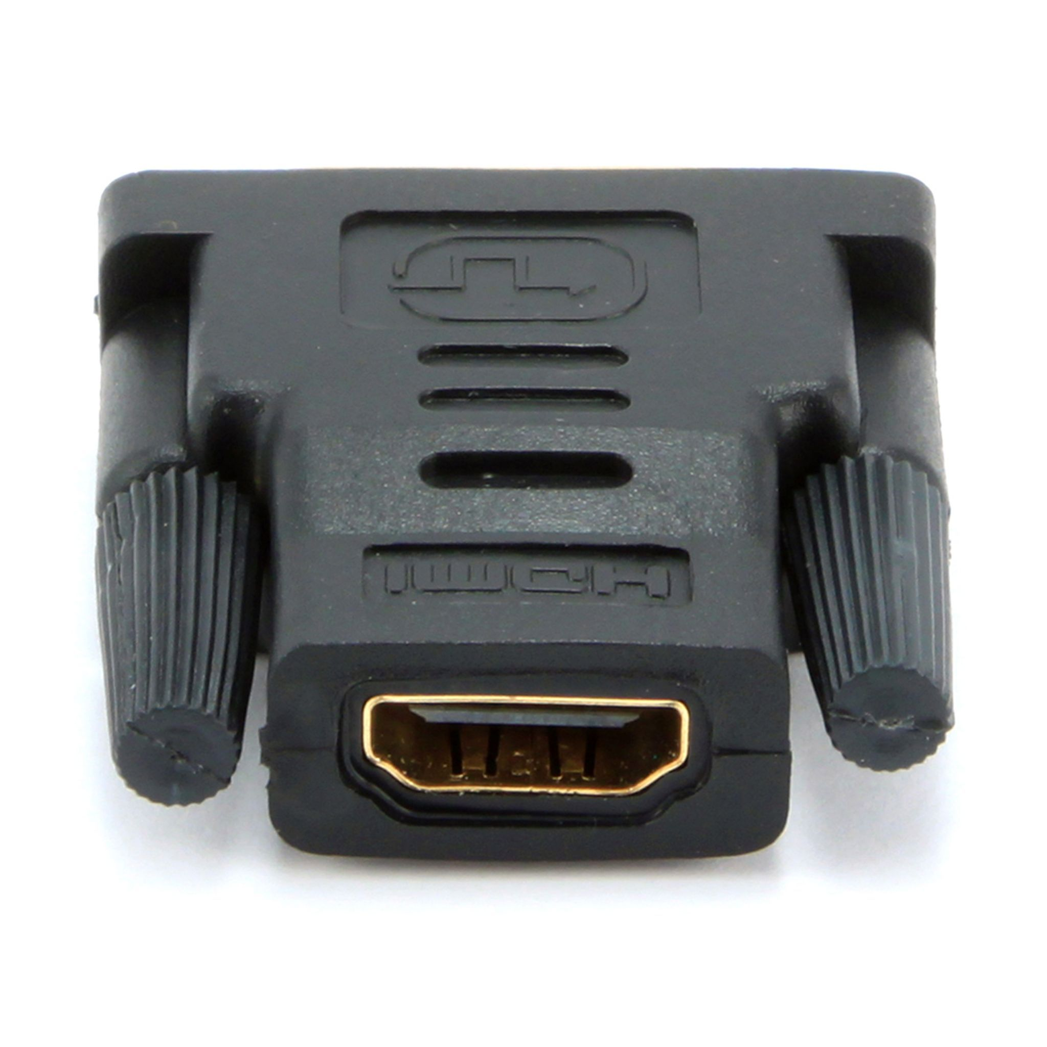 Czarny adapter HDMI na DVI na białym tle, pokazujący żeńskie gniazdo HDMI.
