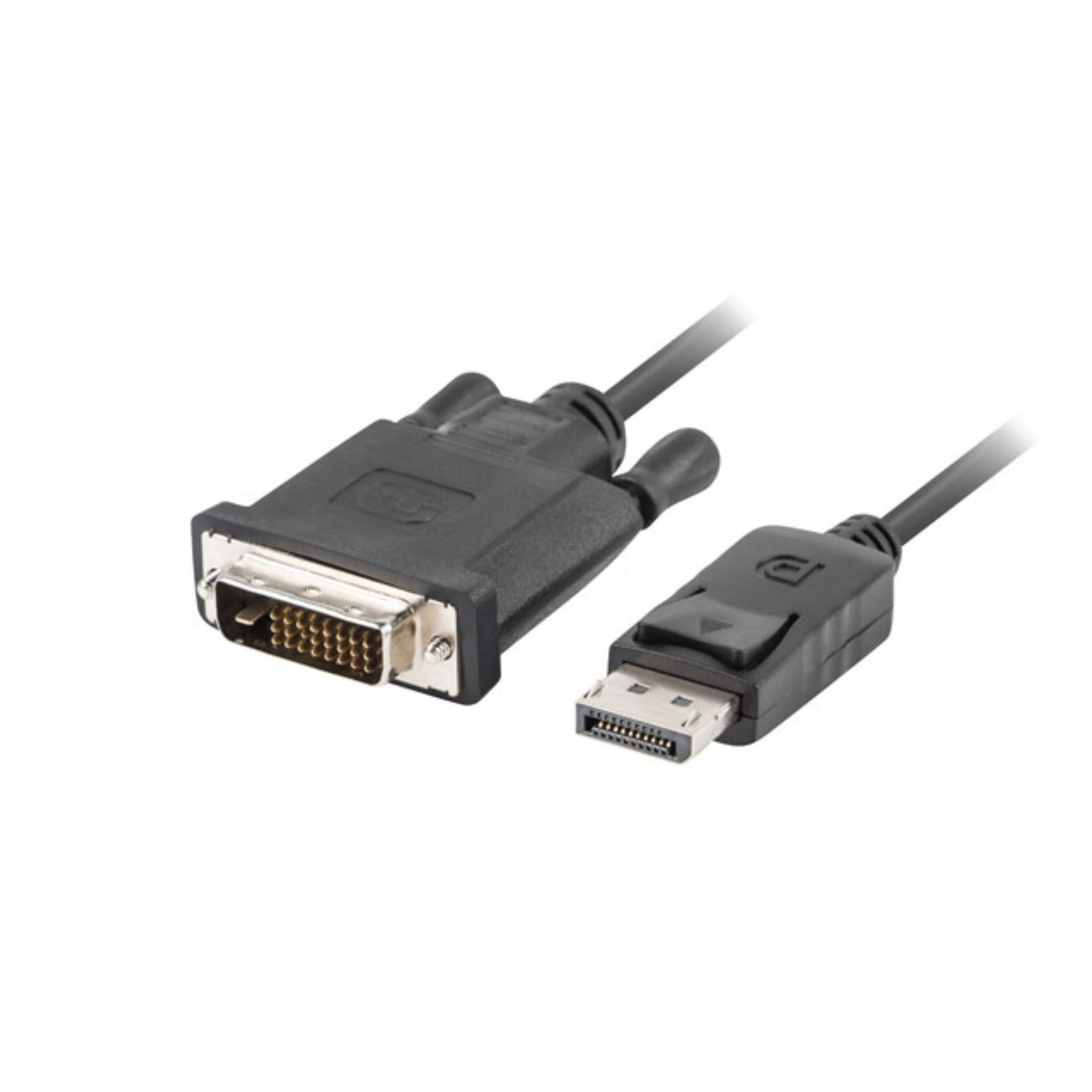 Schwarzes DVI-D-auf-DisplayPort-Adapterkabel, Anschlüsse an jedem Ende.