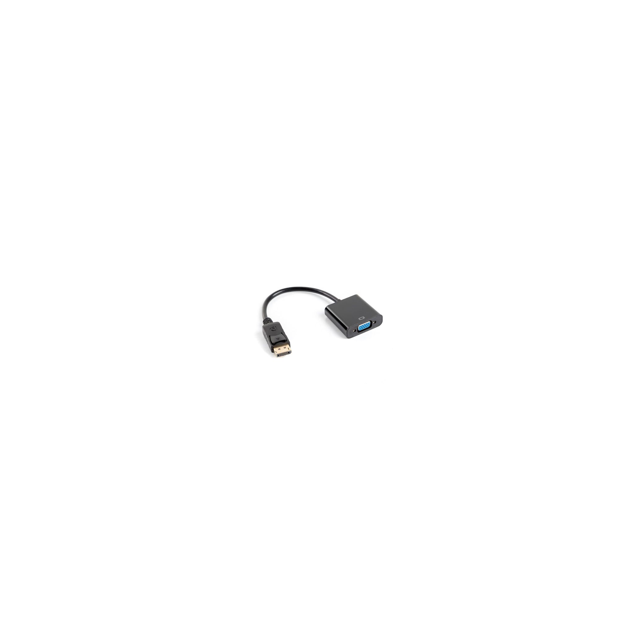 Cable adaptador DisplayPort a VGA negro, sobre fondo blanco.