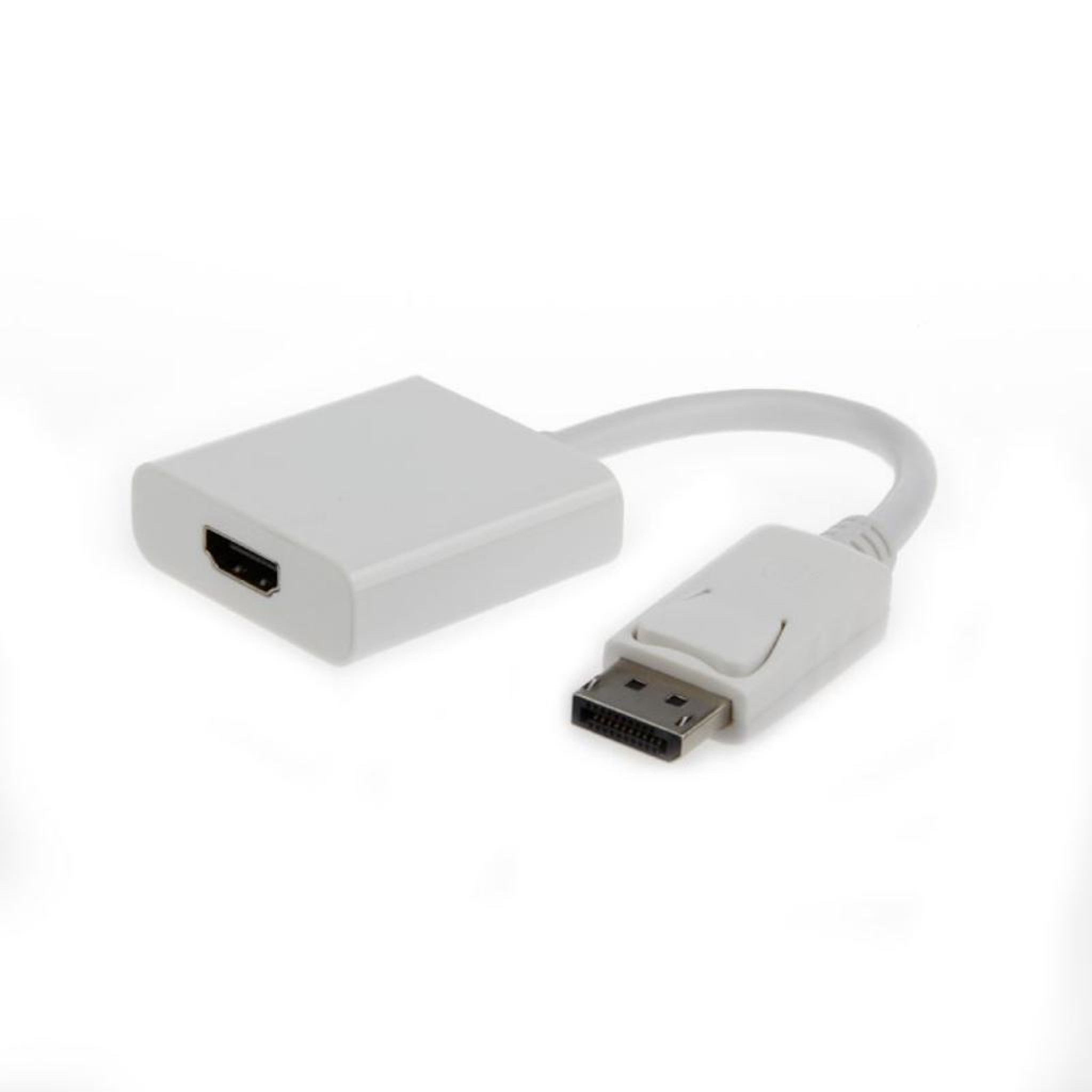 Cable adaptador HDMI a DisplayPort blanco, fondo blanco.