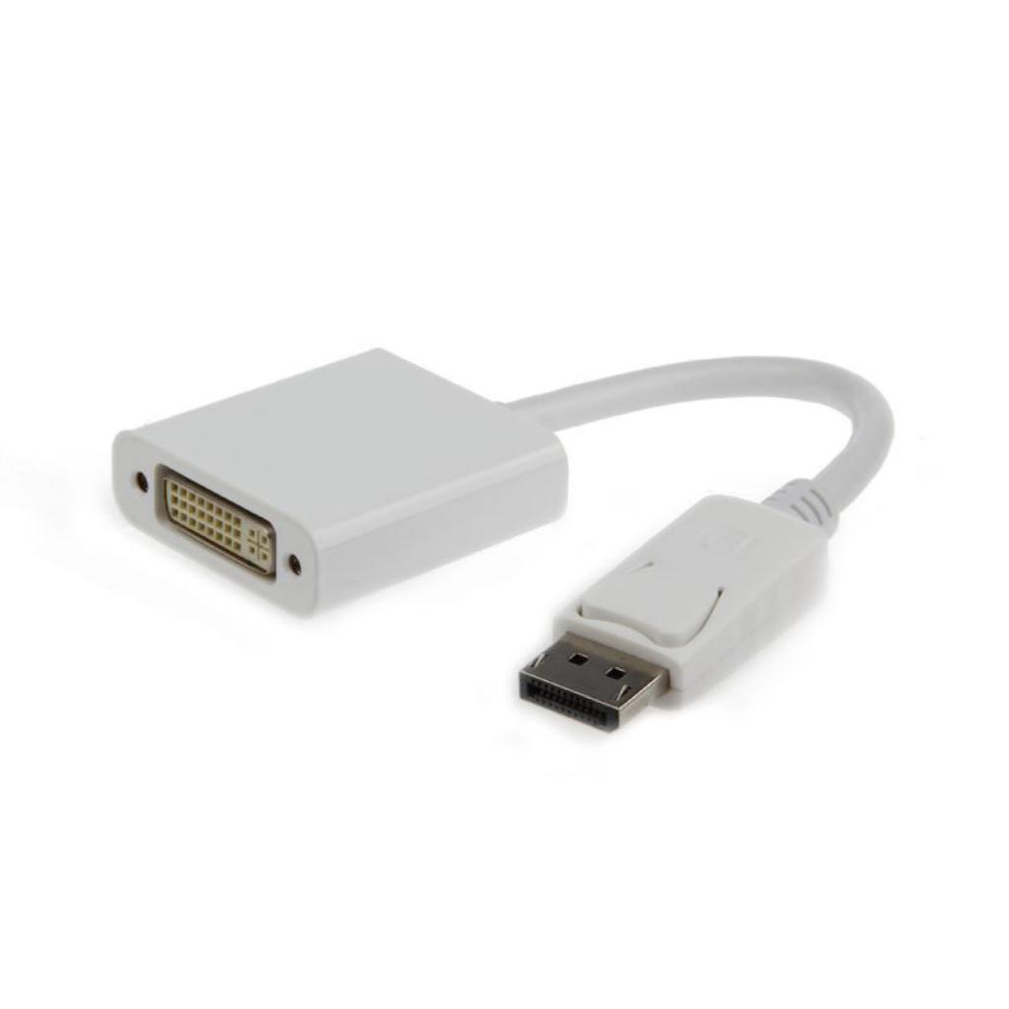 Un adaptador blanco DisplayPort a DVI con dos conectores y un cable.