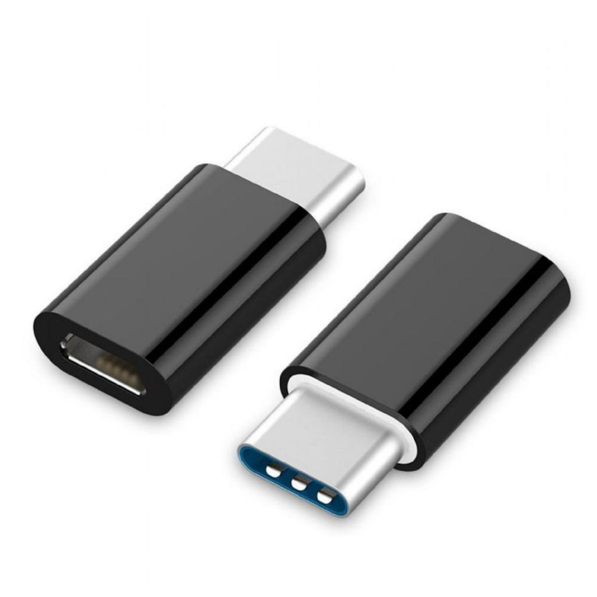 Dwie czarne przejściówki USB-C. Jedna ma port USB, druga USB-C.