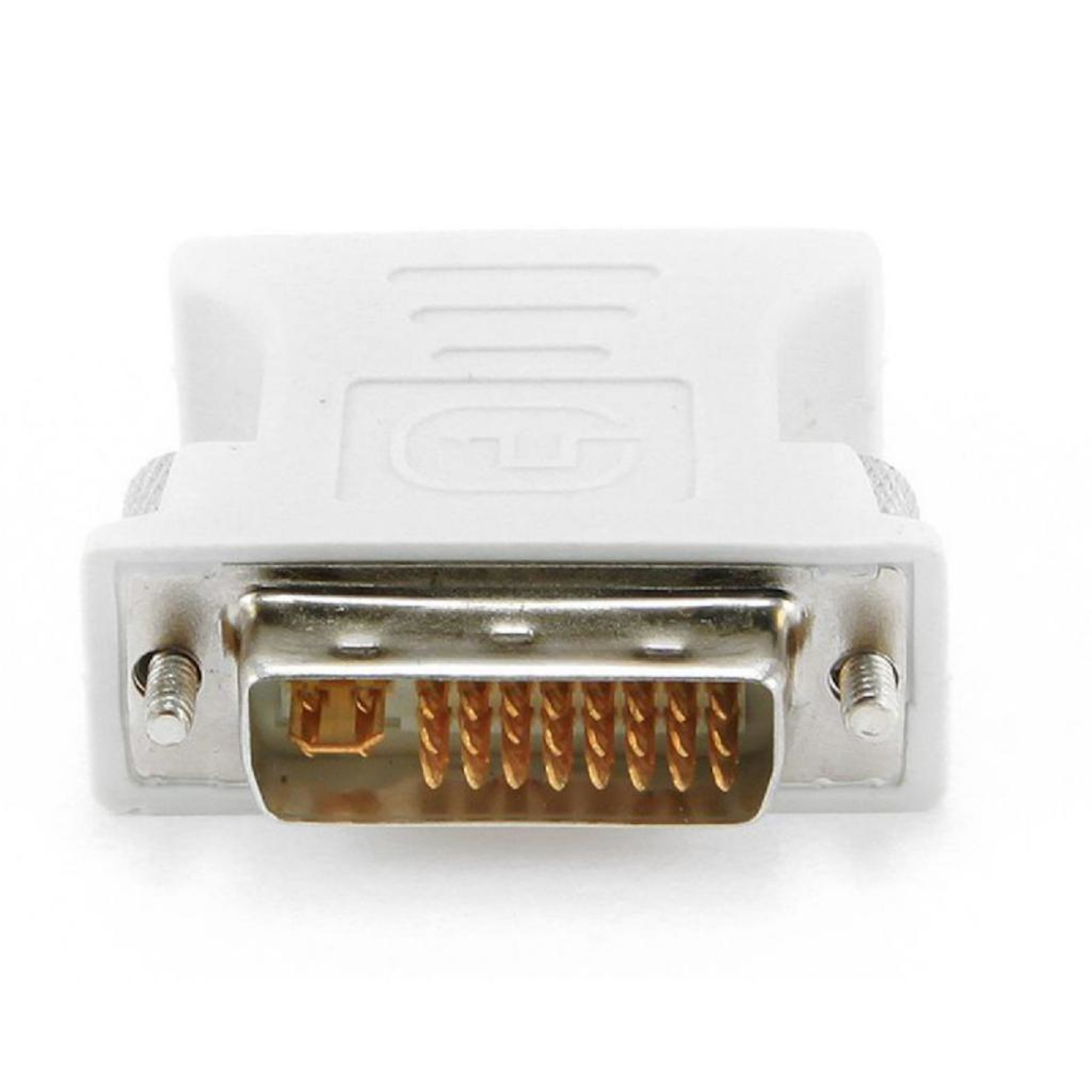 Adaptador DVI blanco sobre fondo blanco. Primer plano del conector.