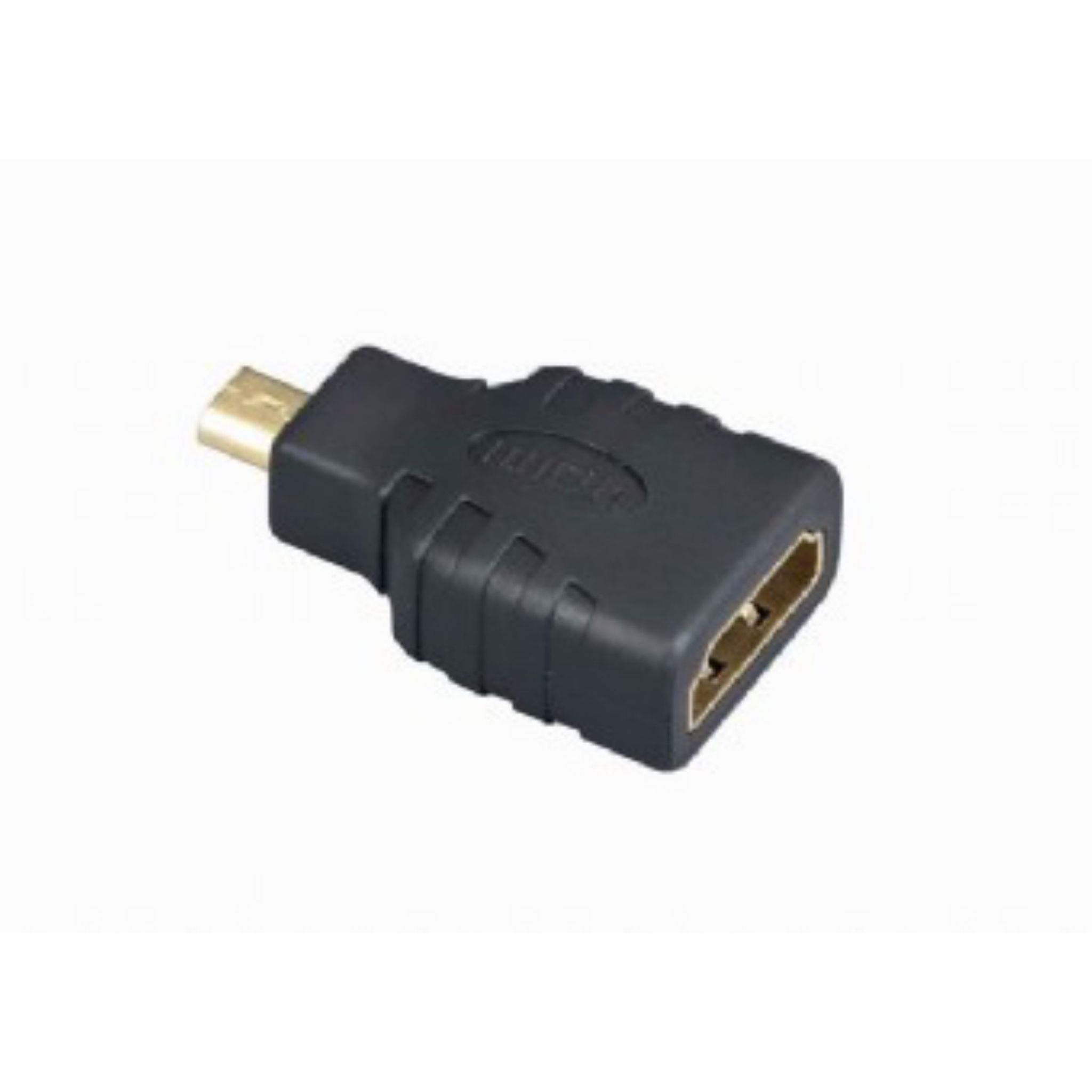 Adattatore HDMI nero, connettore maschio-femmina. Sfondo bianco, ripresa in studio.