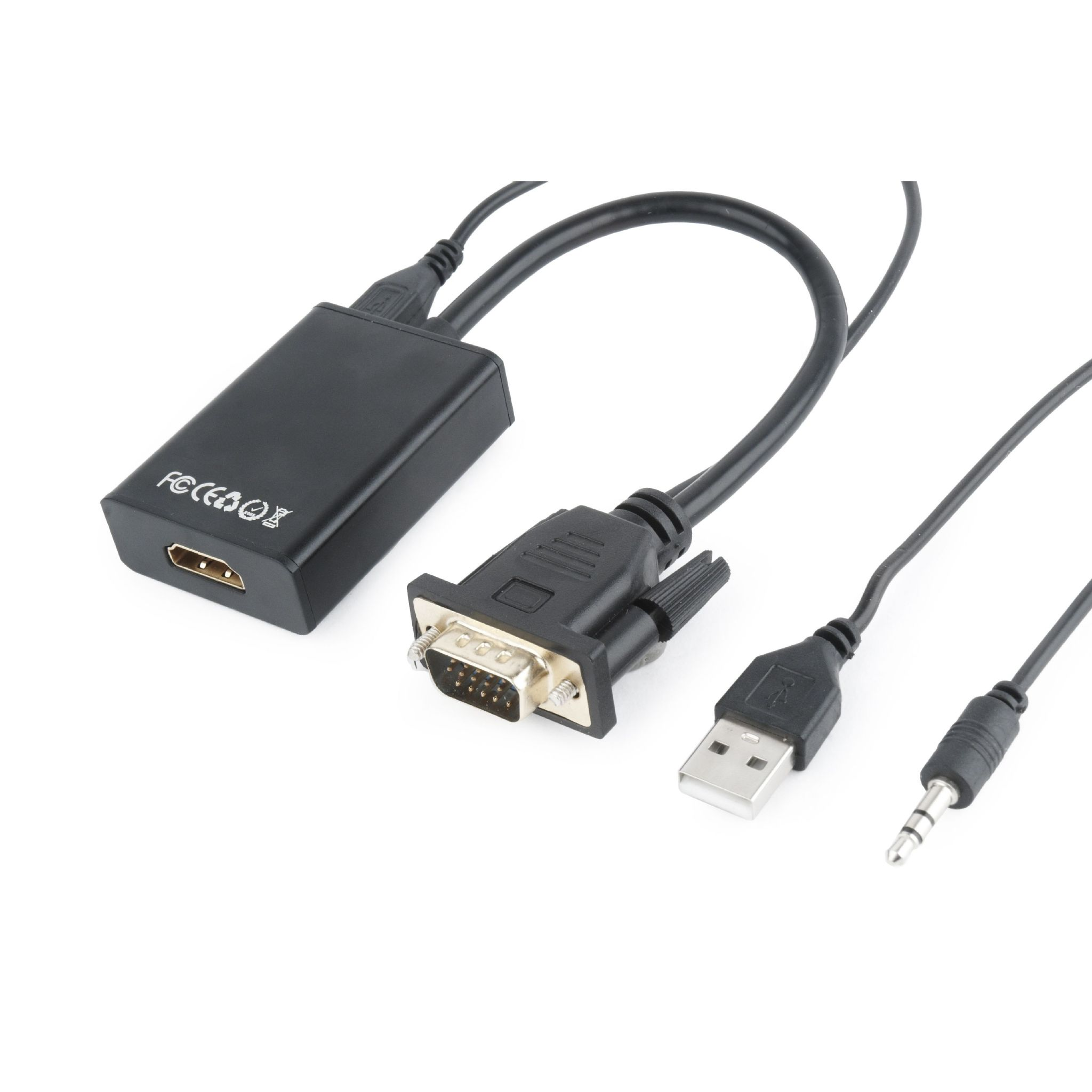Adaptador HDMI a VGA negro con múltiples cables, incluyendo USB y conector de audio.