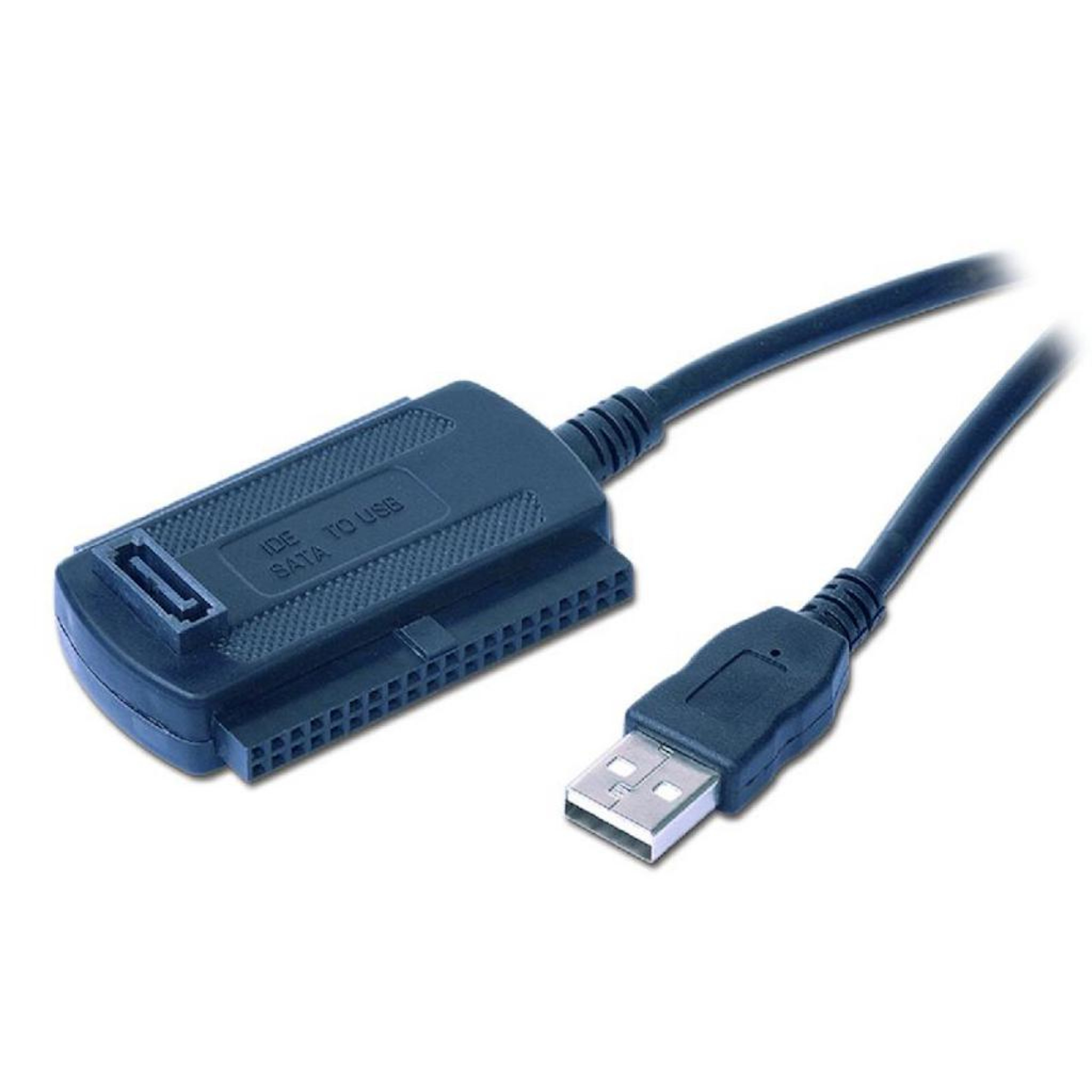 Cable adaptador IDE a USB negro con conector USB.