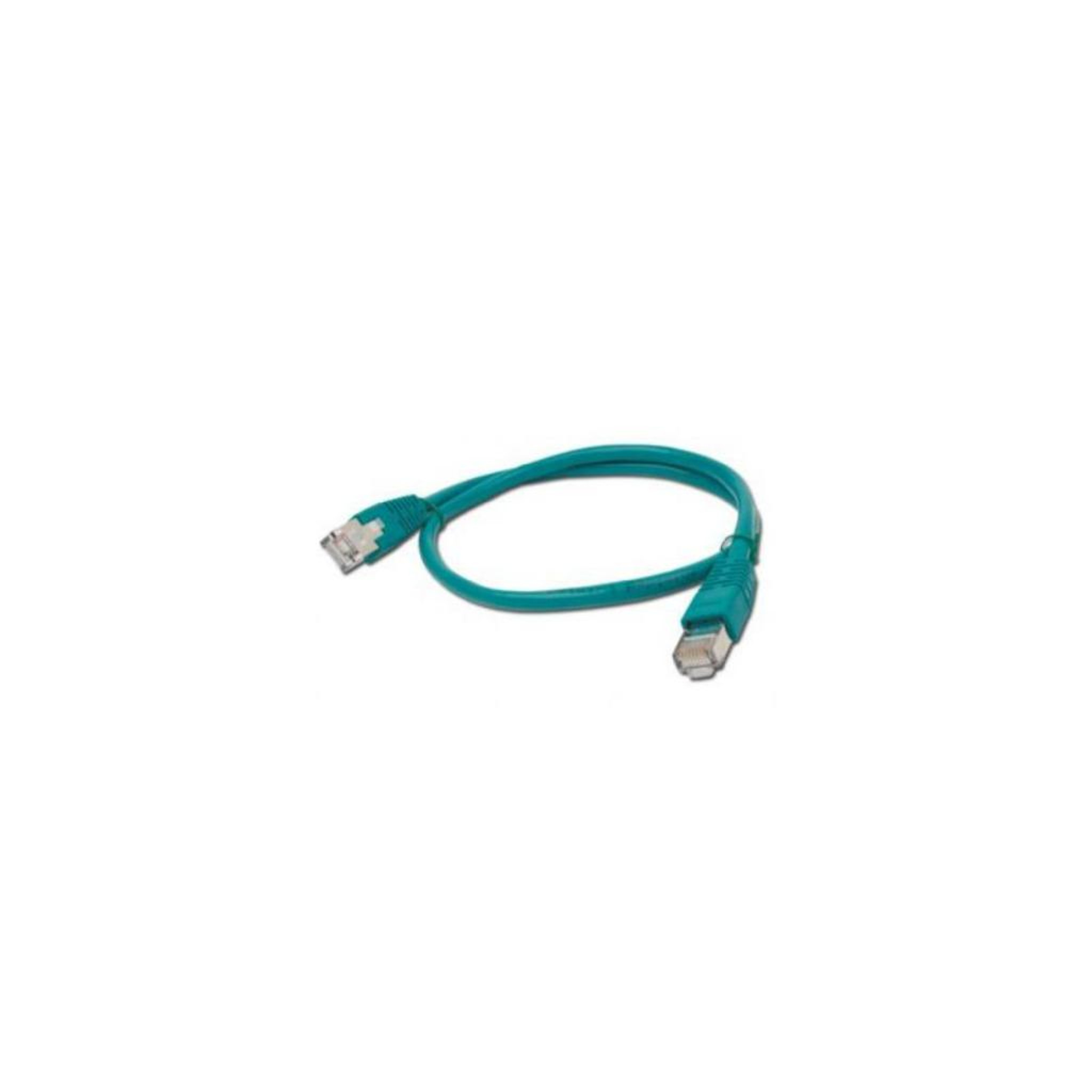 Cavo Ethernet verde con connettori su sfondo bianco.