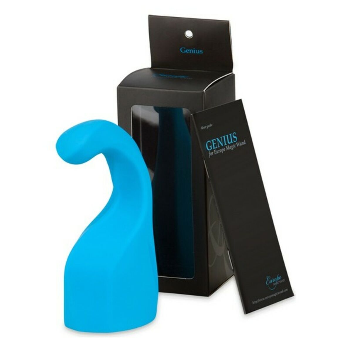 Ein blaues, gebogenes Sexspielzeug, verpackt mit einer Bedienungsanleitung. Die Box ist schwarz mit dem Wort 'Genius'.