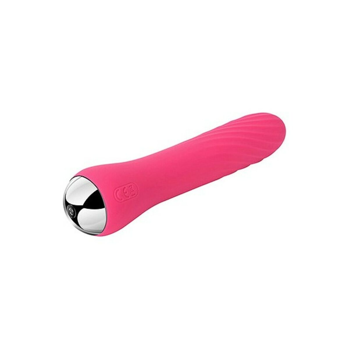 Ein pinkfarbener Vibrator mit silberner Spitze, der auf einer weißen Oberfläche liegt.