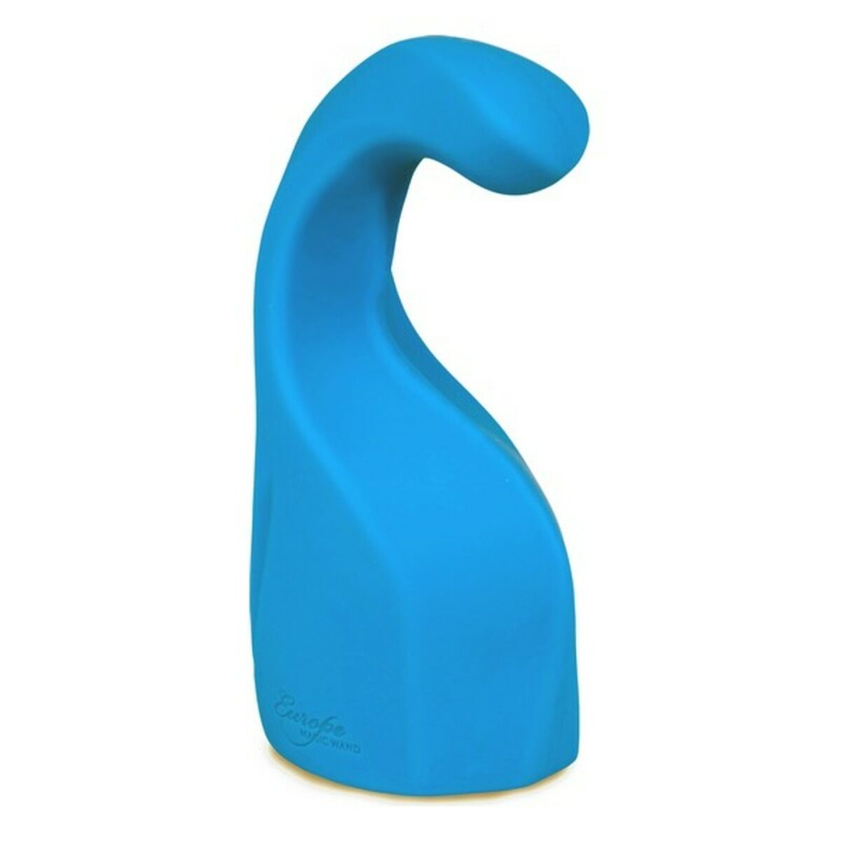 Blaues ergonomisches Massagegerät mit geschwungenem Design, stehend auf einer weißen Oberfläche.