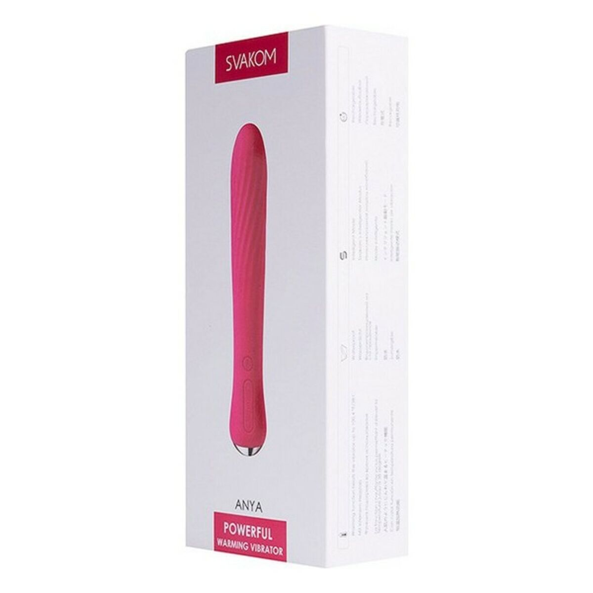 Ein rosa Vibrator in einer weißen Box mit Text, auf weißer Oberfläche.