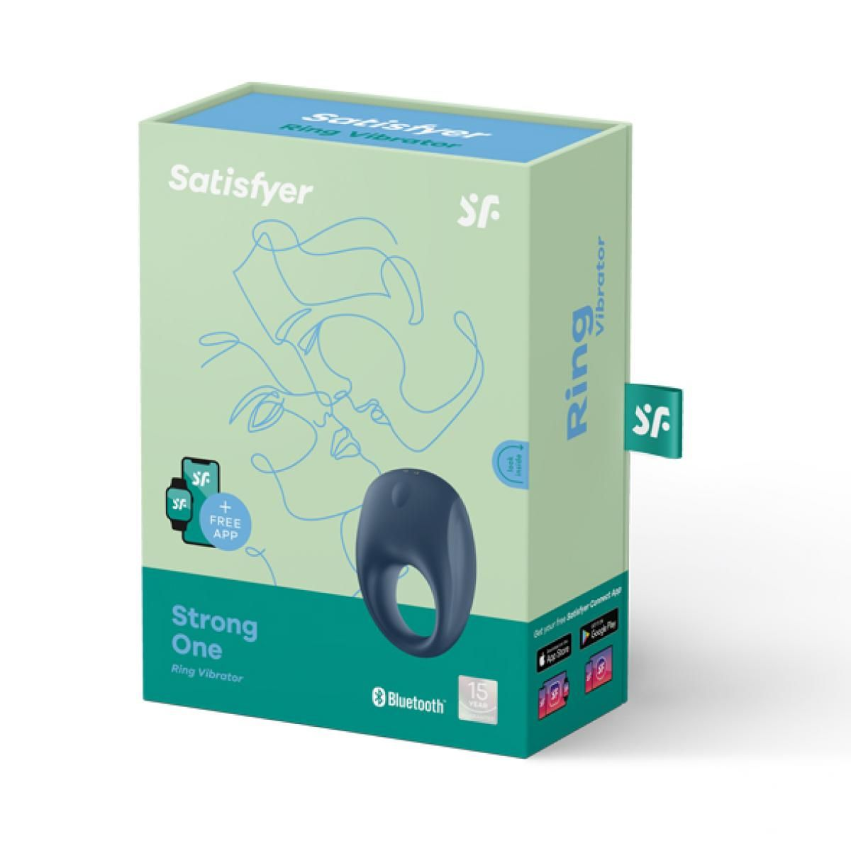 Satisfyer Ring Vibrator w pudełku, niebiesko-szary, ze szczegółami aplikacji.