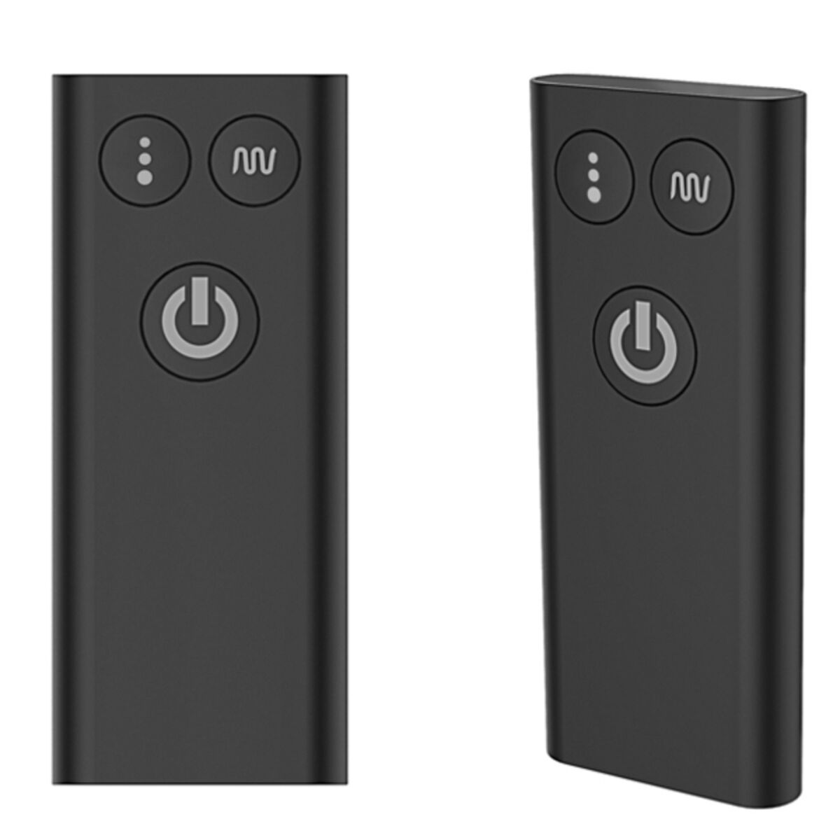 Dwa czarne piloty z przyciskami. Jeden pokazuje widok z boku. Przyciski to zasilanie, kropki i faliste linie.