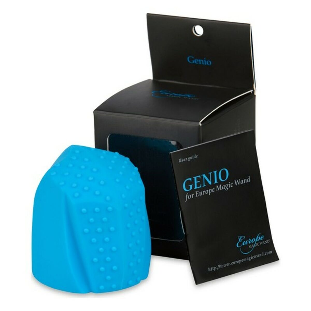Ein blauer Vibrator in einer schwarzen Box mit einer Bedienungsanleitung. Die Box ist offen, auf weißer Oberfläche.