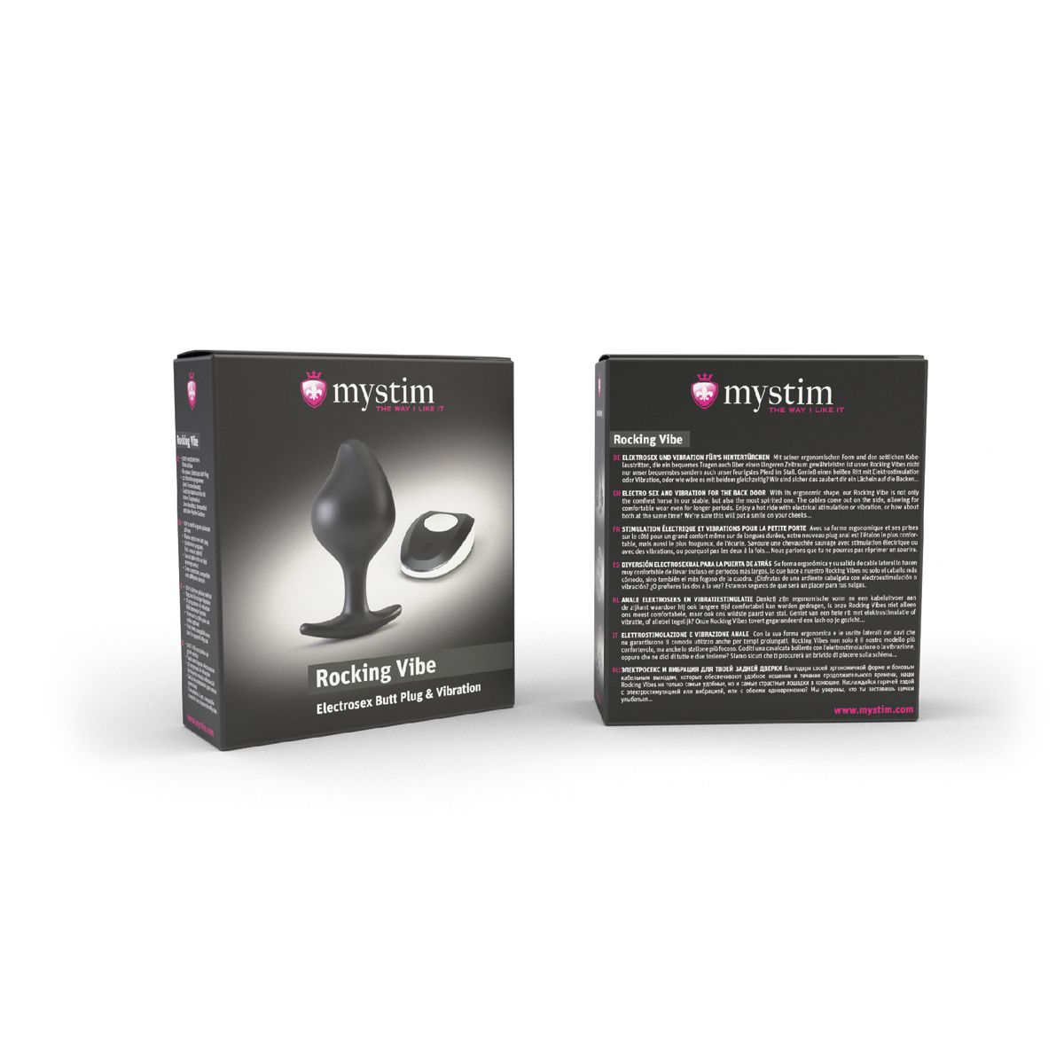 Dwa pudełka, jedno z czarną wtyczką analną i pilotem, drugie z tekstem o produkcie.