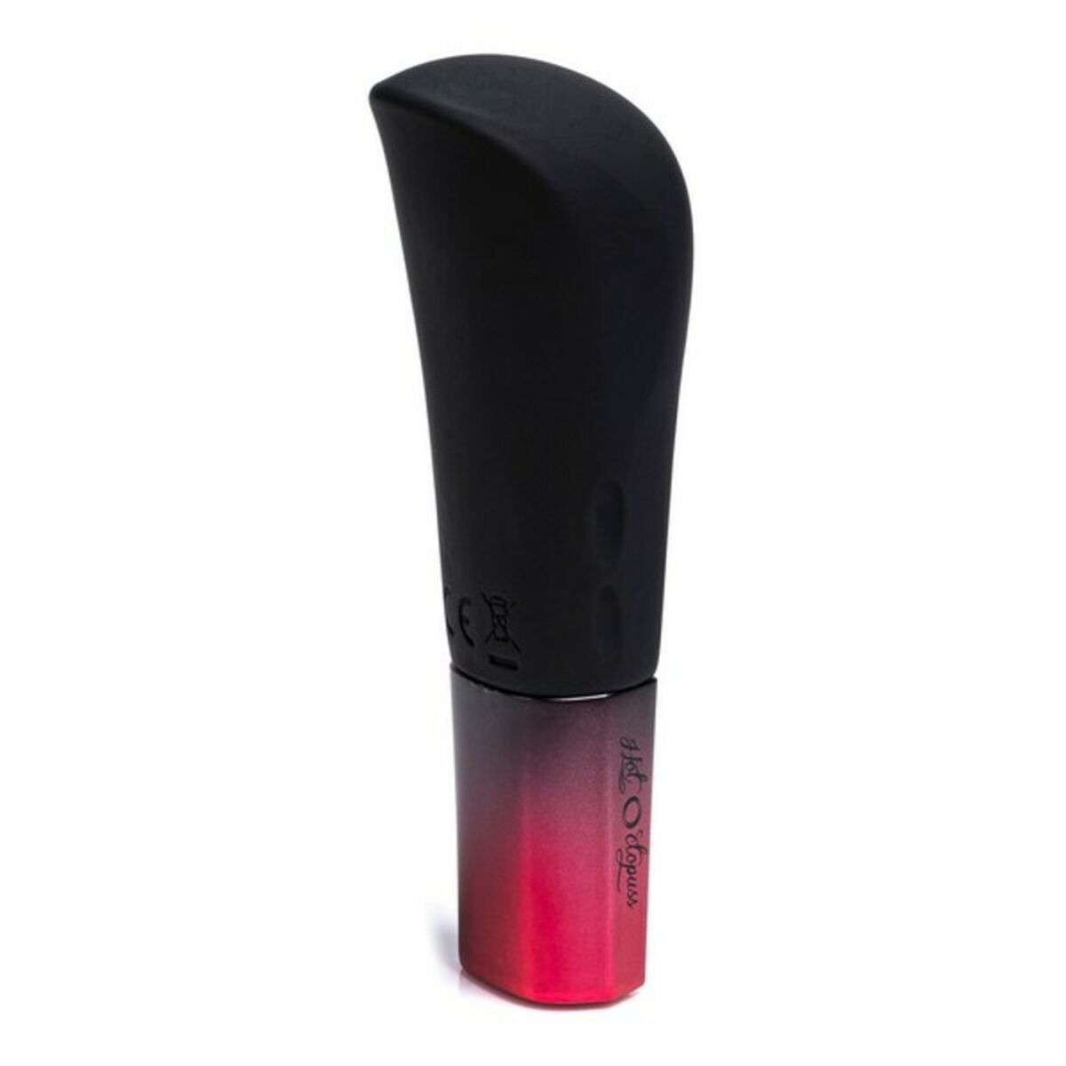 Vibrador negro con base roja. La parte superior es curva. El producto está aislado.