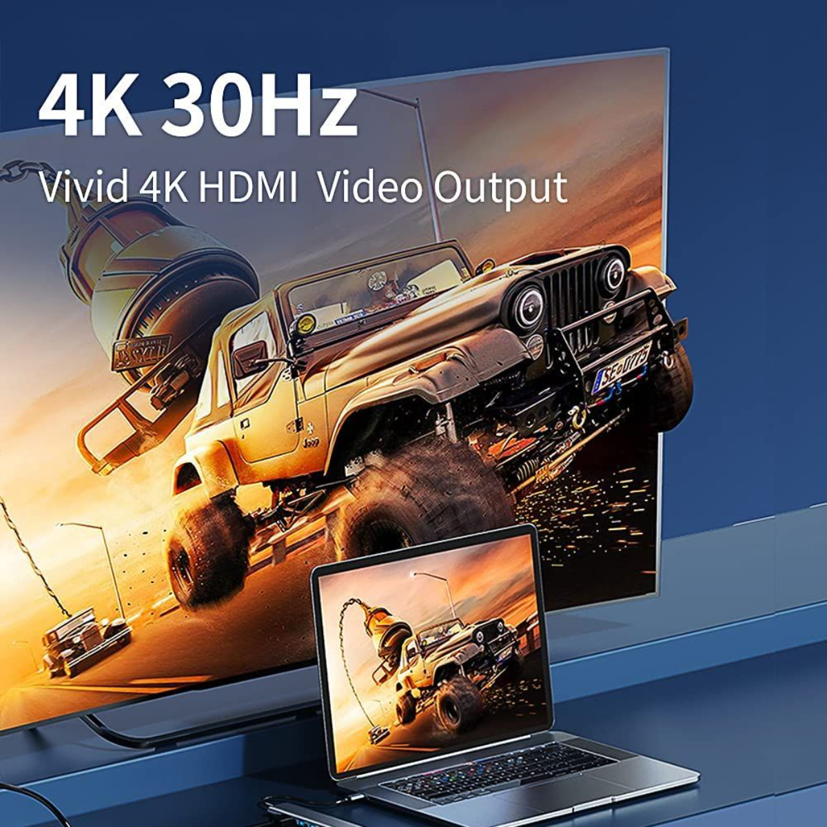 La imagen muestra un monitor, un portátil y un coche en la pantalla.