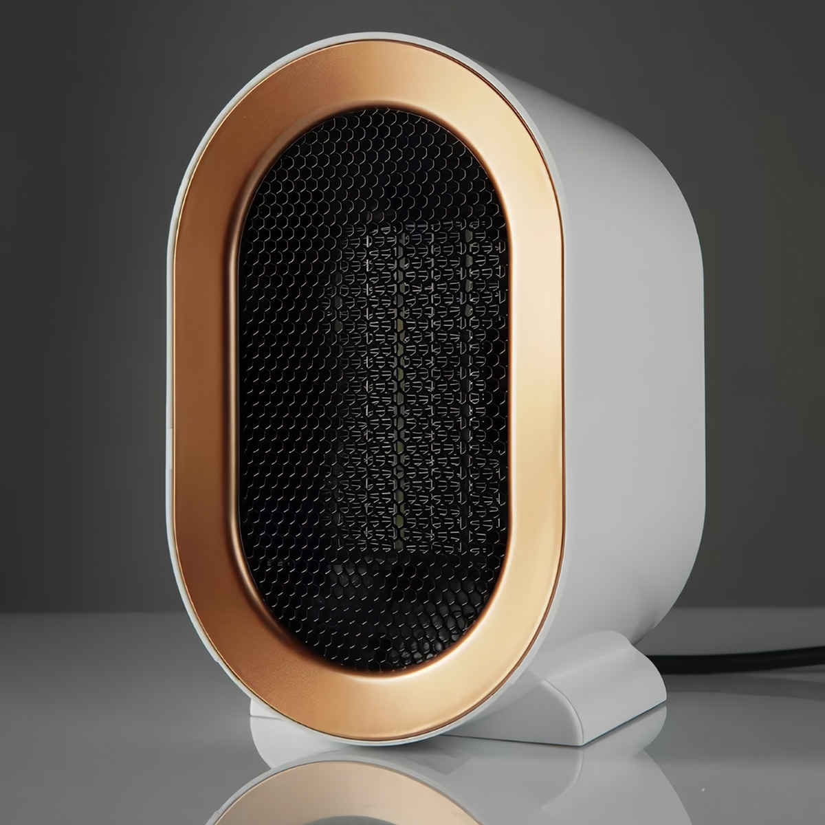 Calentador eléctrico blanco y dorado, diseño ovalado, sobre superficie reflectante.