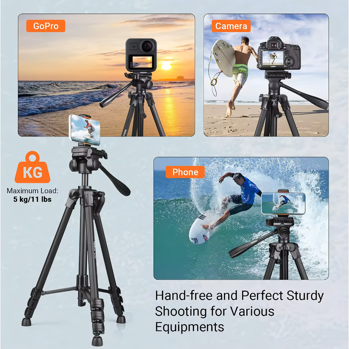 Un trípode que sostiene una GoPro, una cámara y un teléfono en tres escenas diferentes. La carga máxima es de 5 kg.