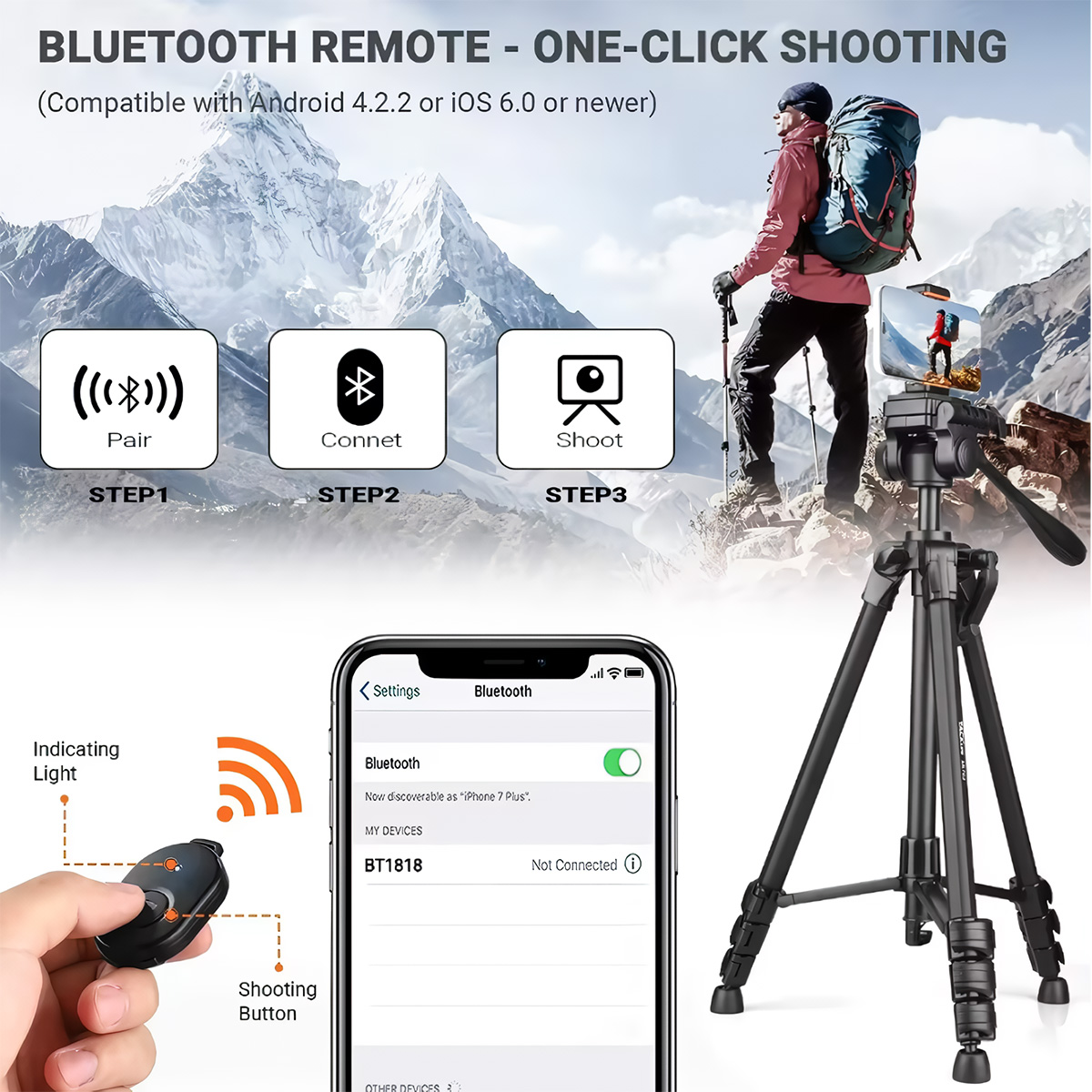 Control remoto Bluetooth y un trípode. Una persona usa el control y una escena de montaña.