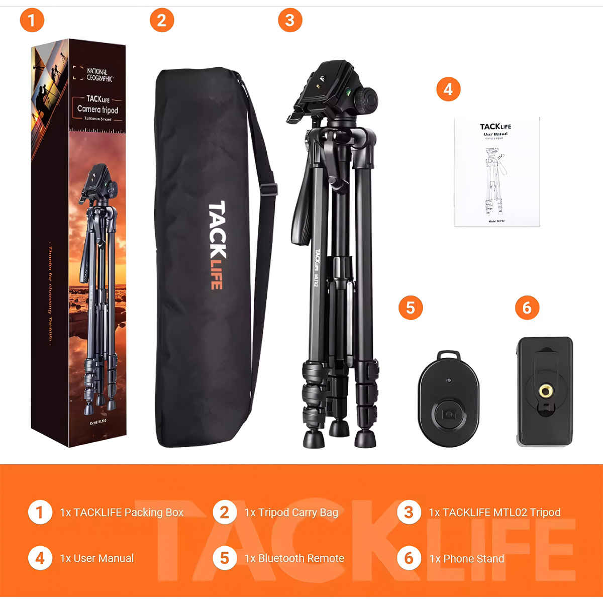 Kit de trípode de cámara con caja, bolsa, trípode, mando a distancia, soporte para teléfono y manual, sobre una superficie blanca.