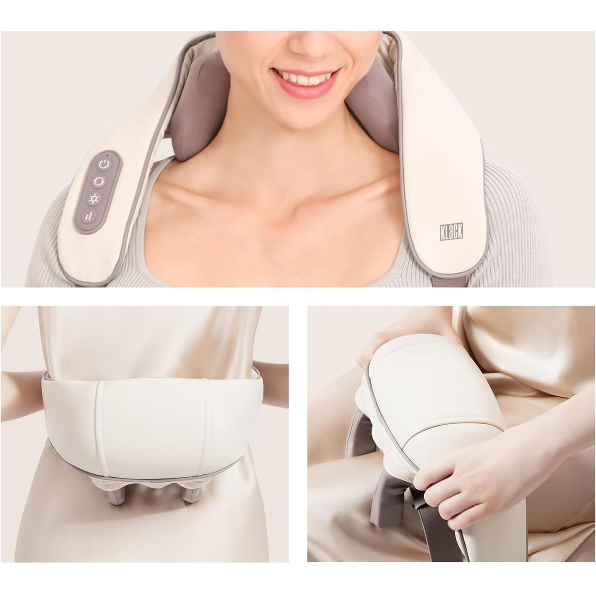 Mujer usando masajeador de cuello y espalda. Incluye accesorios de cuello, espalda y cintura, beige.