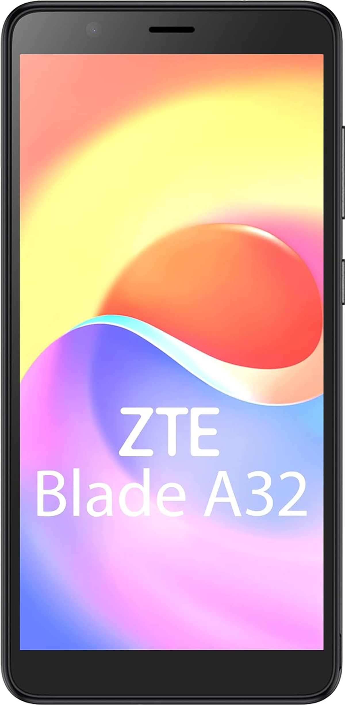 Schwarzes ZTE-Smartphone mit farbenfrohem Bildschirm, der den Markennamen anzeigt.