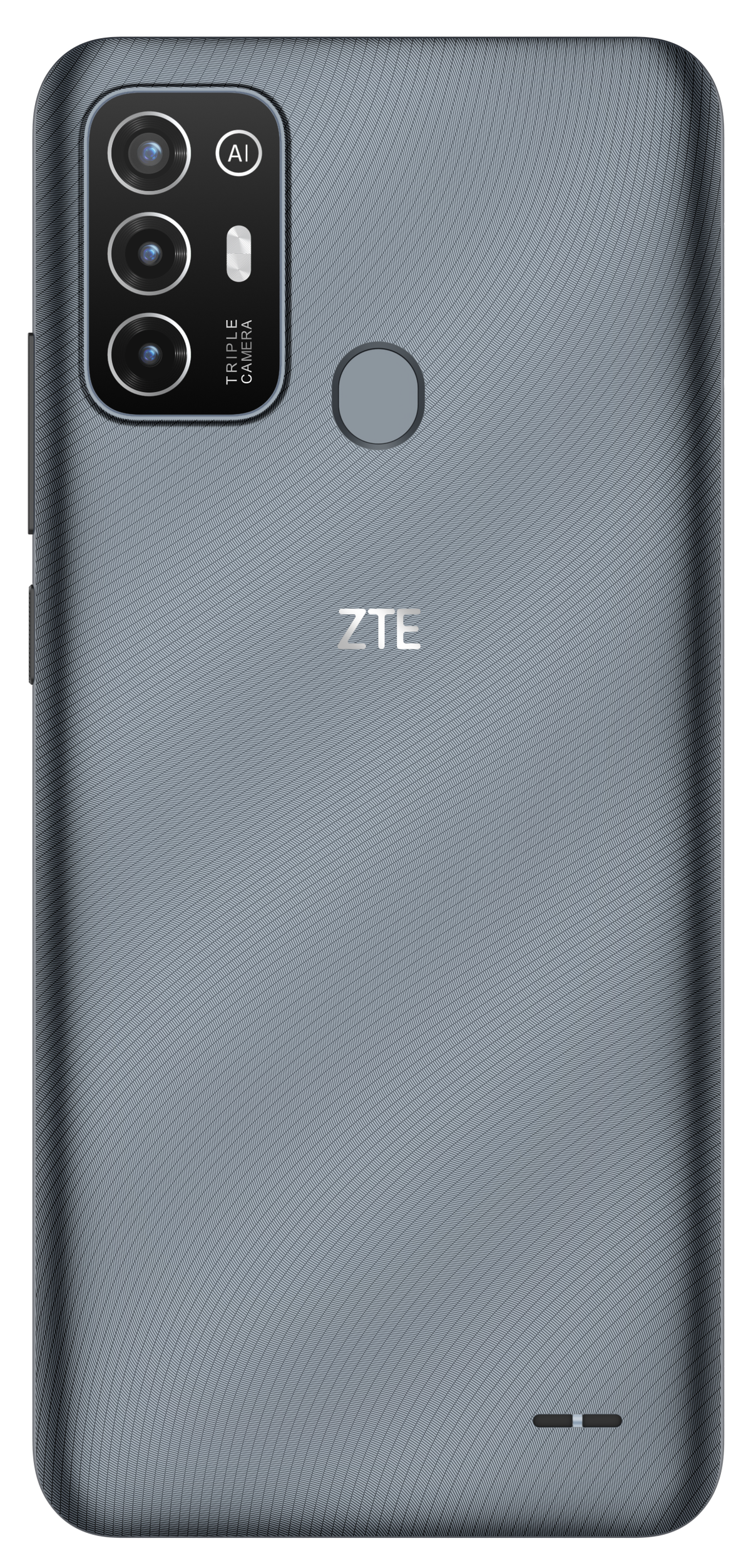 Graues ZTE-Telefon mit Dreifachkamera auf der Rückseite.