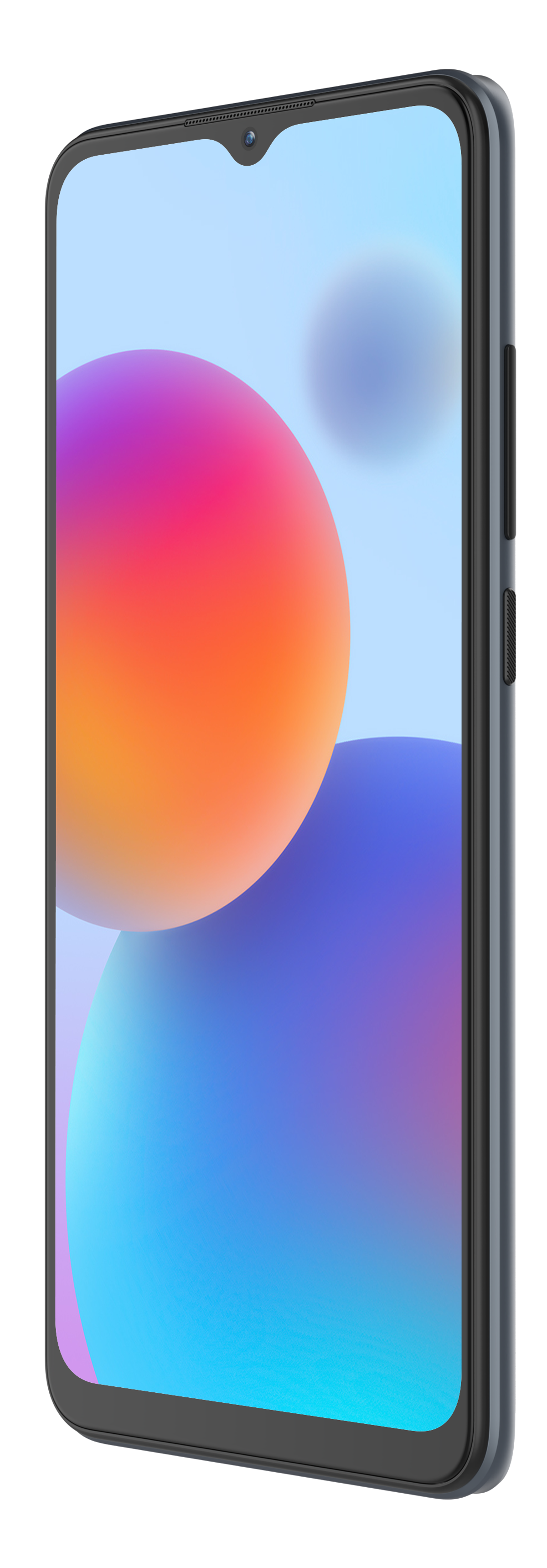 Smartphone, bunter abstrakter Hintergrund auf dem Bildschirm. Grauer Rahmen, Winkelsicht.