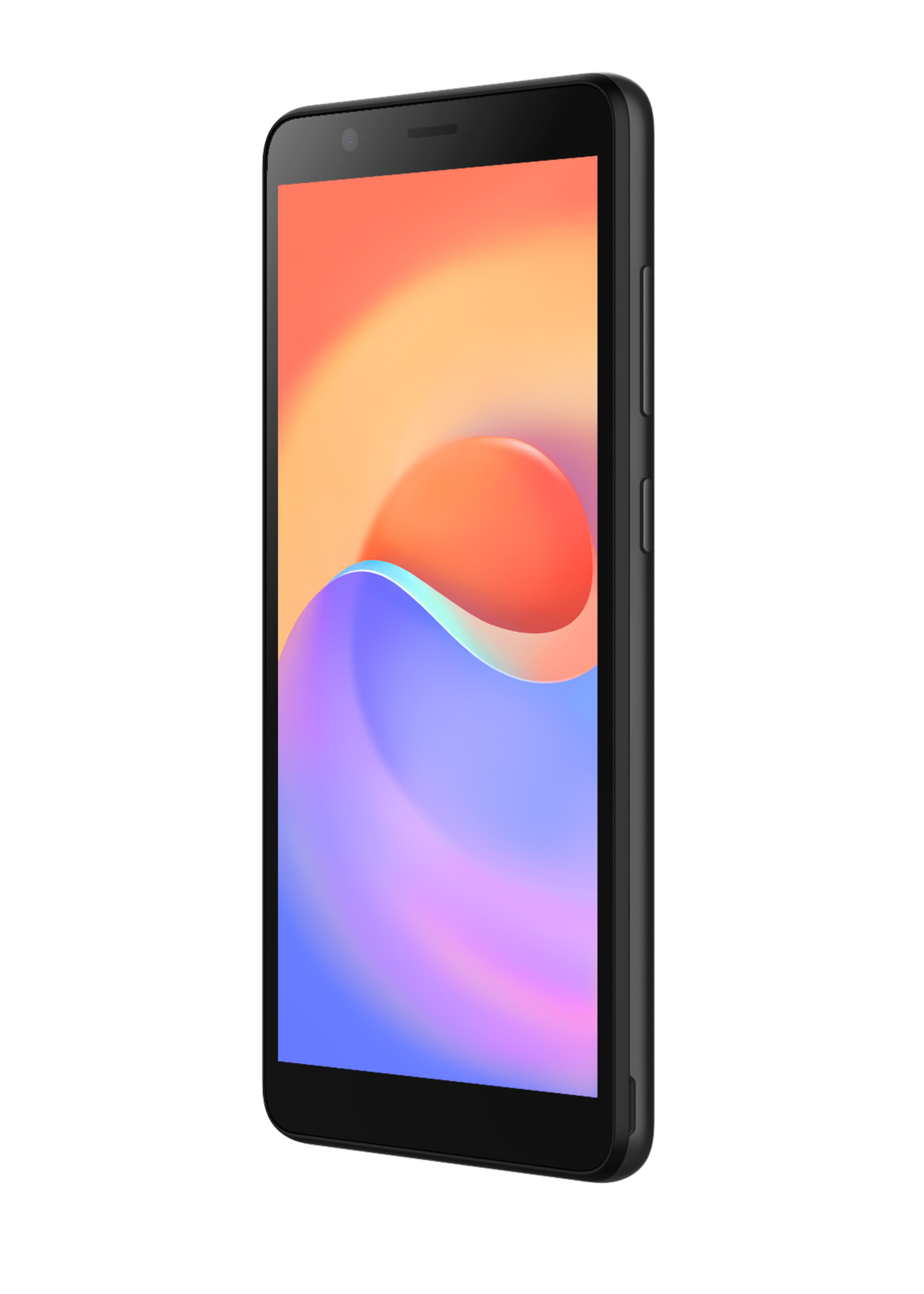 Schwarzes Smartphone abgewinkelt, mit orange-violettem Farbverlauf, weißer Hintergrund.