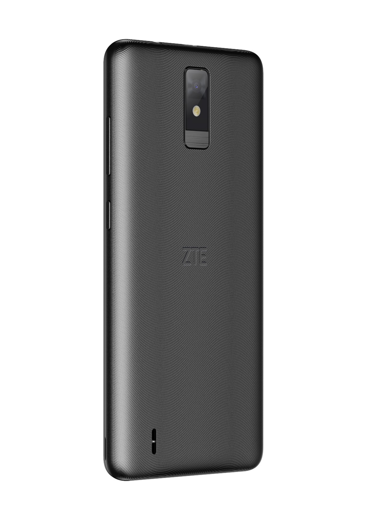 Schwarzes Smartphone, Rückansicht, mit Kamera, ZTE-Logo und strukturierter Oberfläche.