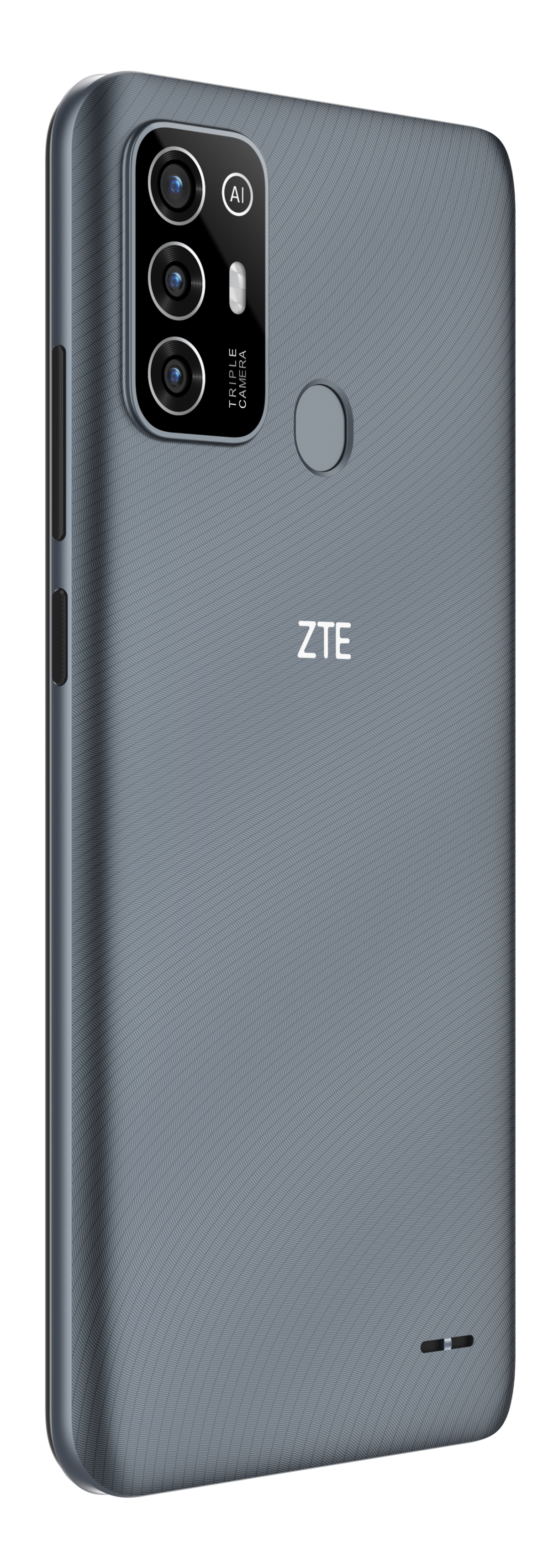 Ein graues ZTE-Telefon mit Dreifachkameras und einem rückseitigen Fingerabdrucksensor.