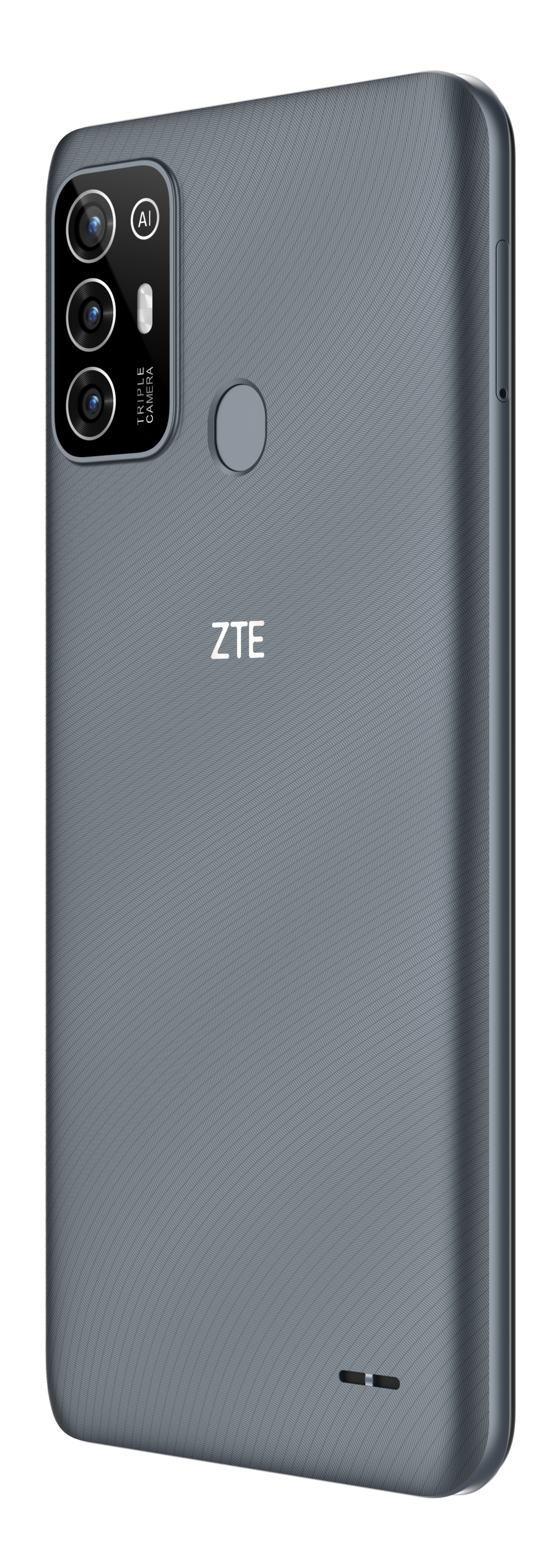 Ein graues Smartphone mit Dreifach-Kamera und Fingerabdrucksensor auf der Rückseite.