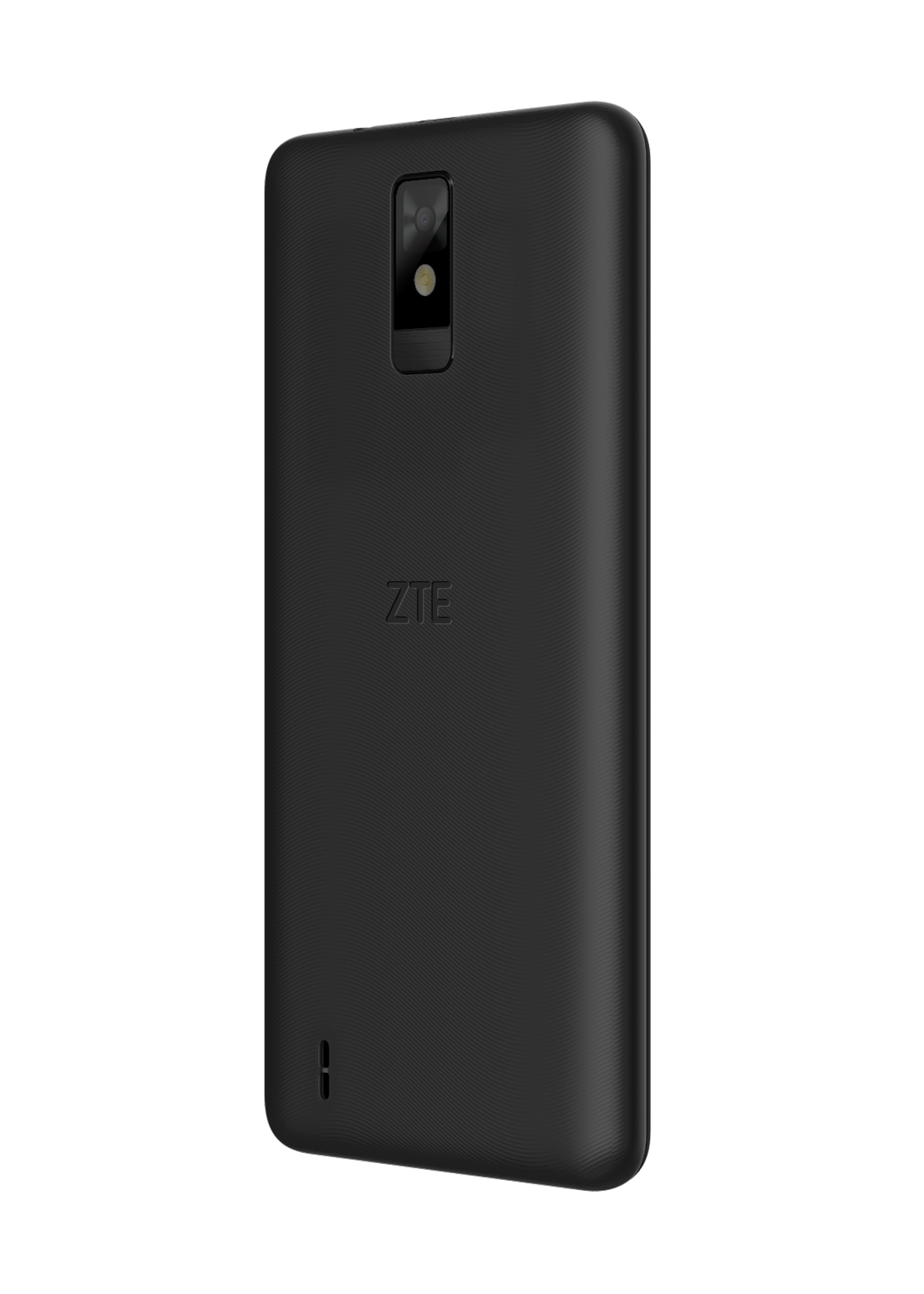 Schwarzes ZTE-Smartphone auf schwarzem Hintergrund. Die Rückseite des Telefons ist sichtbar.