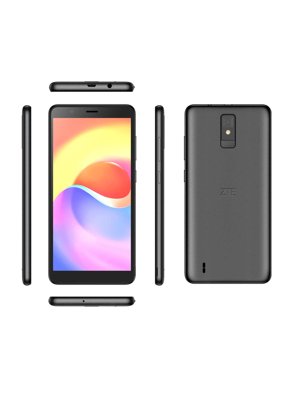 Schwarzes Smartphone, verschiedene Ansichten: vorne, Seiten, hinten, schwarzer Hintergrund.