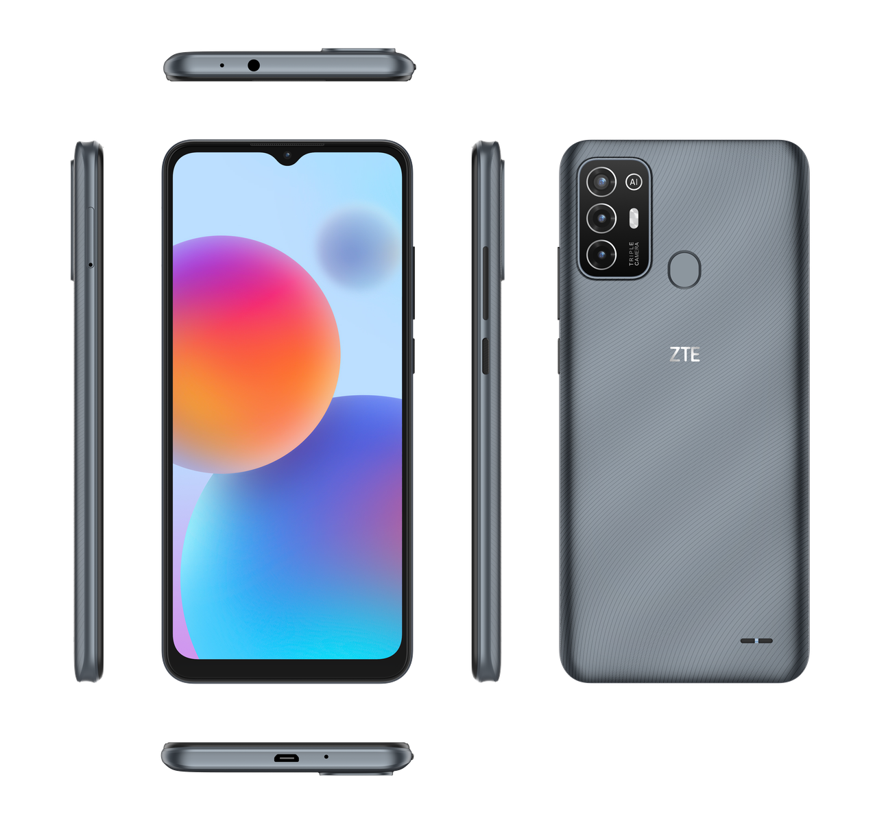 Smartphone aus mehreren Blickwinkeln, zeigt Vorder- und Rückseite. Graue Farbe mit Dreifachkameras.