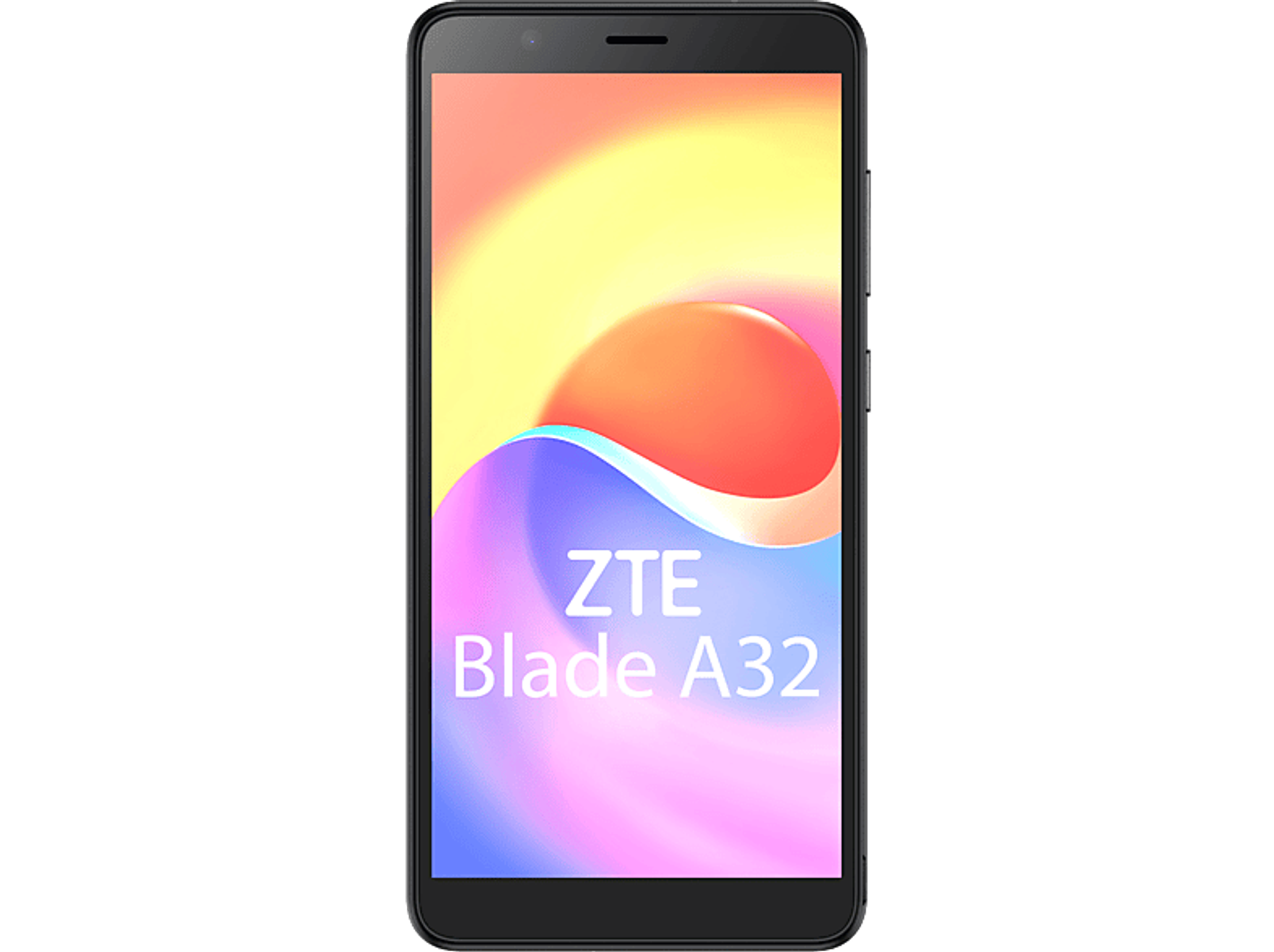 ZTE Blade A32 Smartphone auf schwarzem Hintergrund. Bunter Bildschirm mit Grafik.